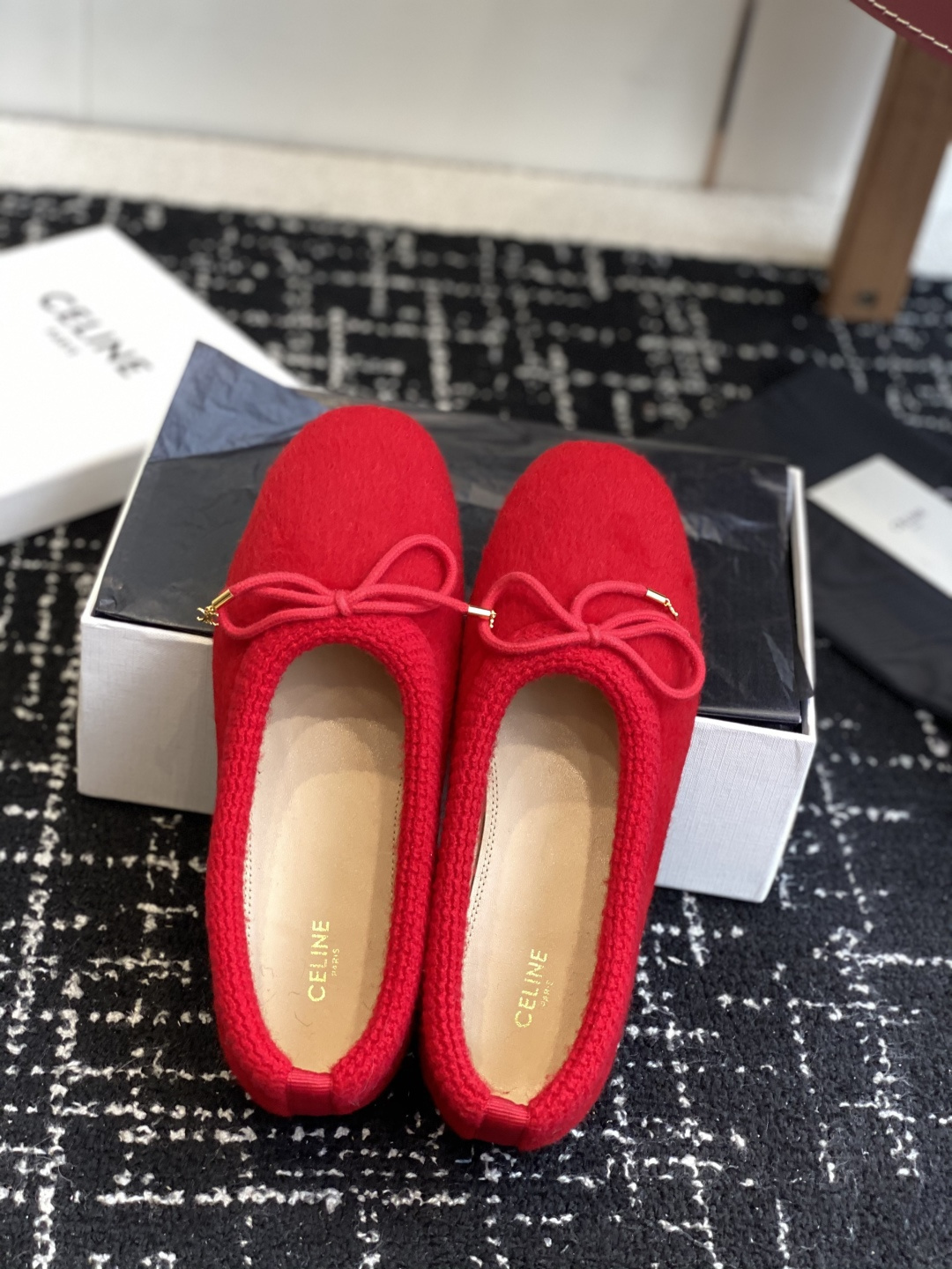 Celine Red Mohair Ballet Flats with Gold Triomphe Bow