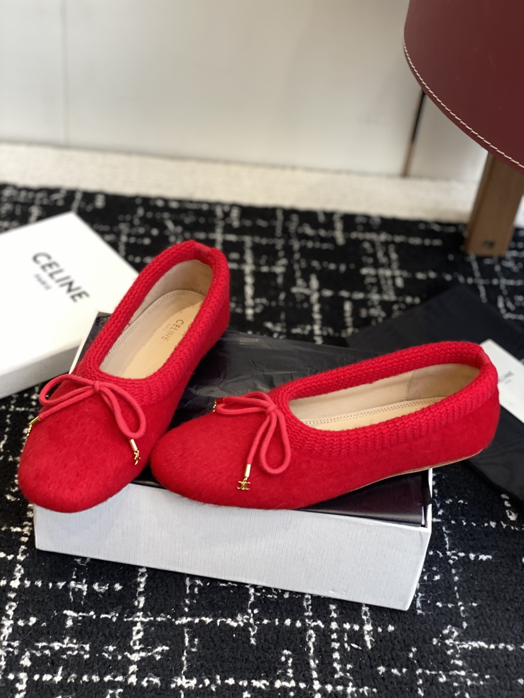 Celine Red Mohair Ballet Flats with Gold Triomphe Bow