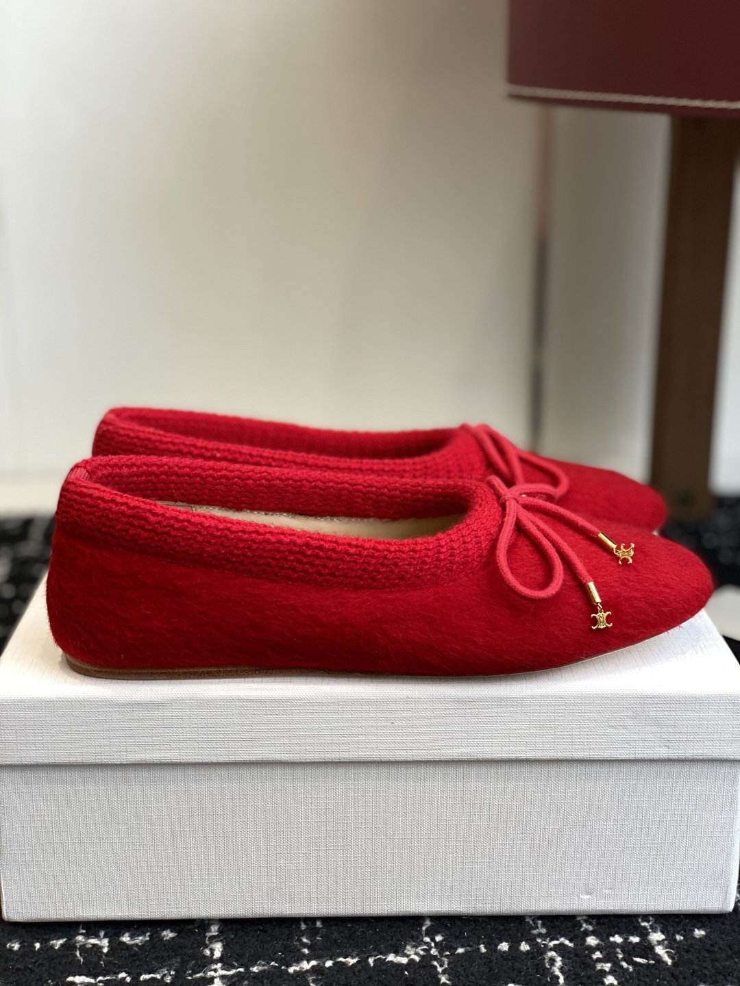 Celine Red Mohair Ballet Flats with Gold Triomphe Bow