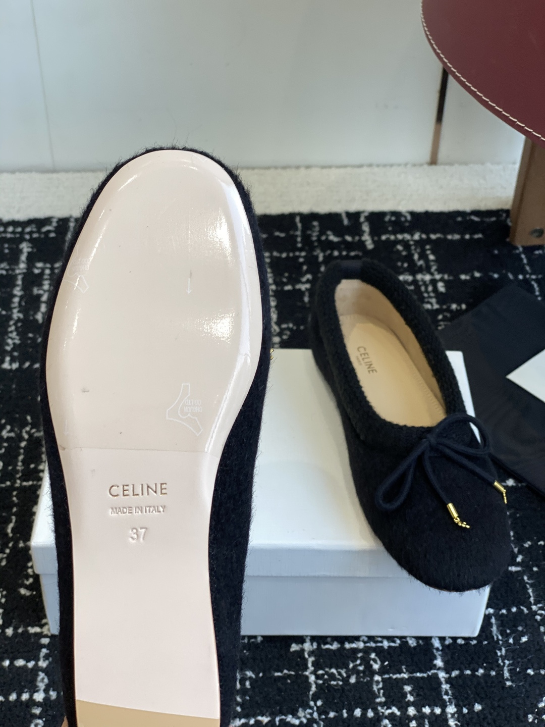 Celine Triomphe Ballerina Flats in Black Wool - Luxury Shoes