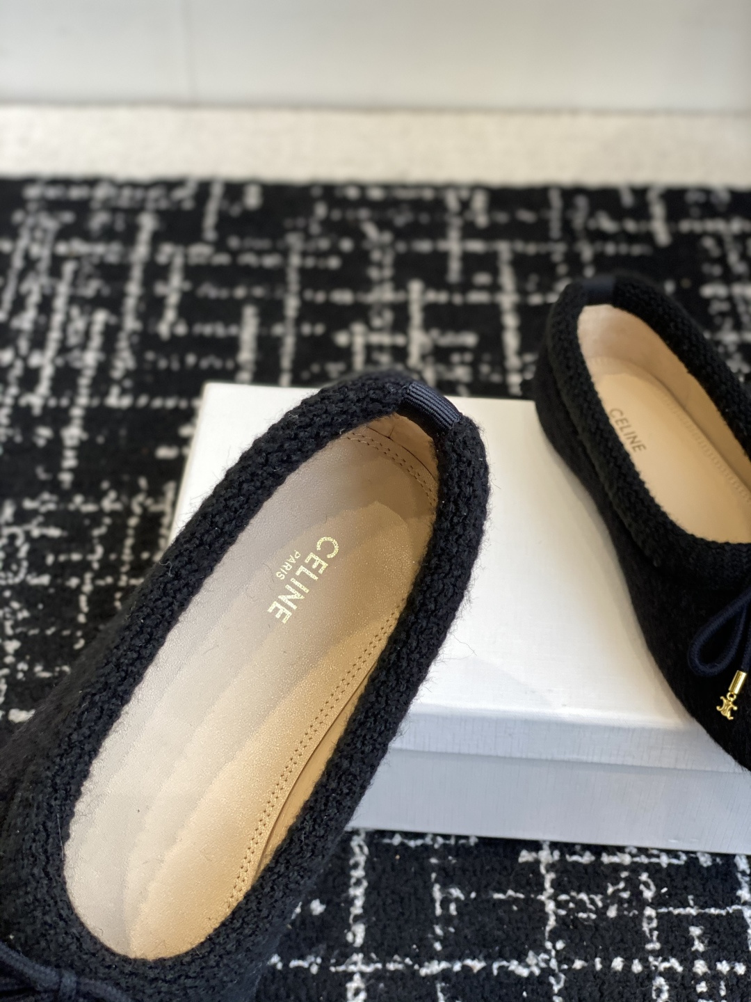 Celine Triomphe Ballerina Flats in Black Wool - Luxury Shoes