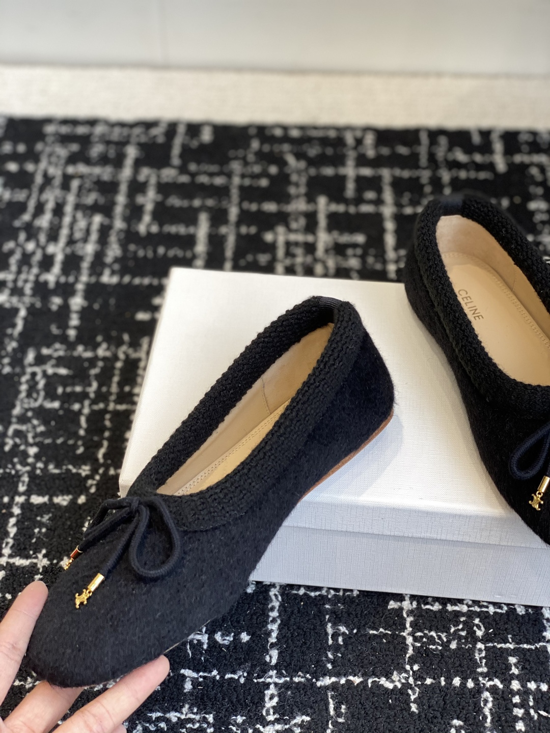 Celine Triomphe Ballerina Flats in Black Wool - Luxury Shoes