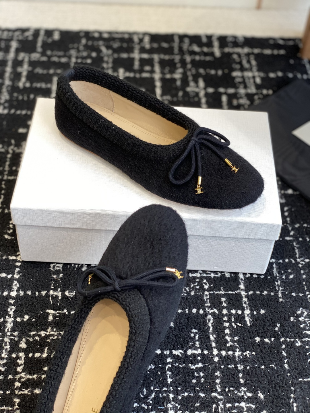 Celine Triomphe Ballerina Flats in Black Wool - Luxury Shoes