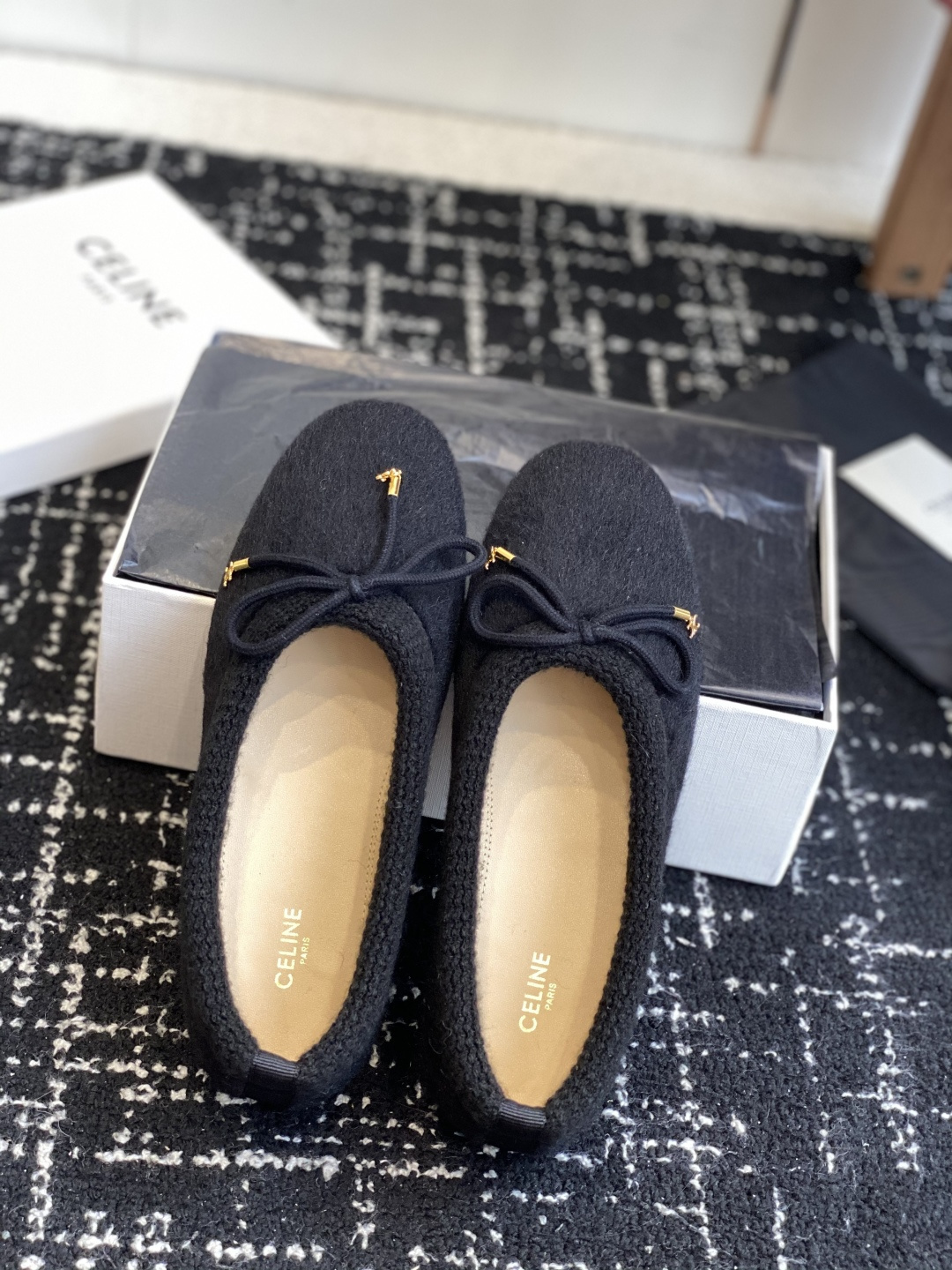 Celine Triomphe Ballerina Flats in Black Wool - Luxury Shoes