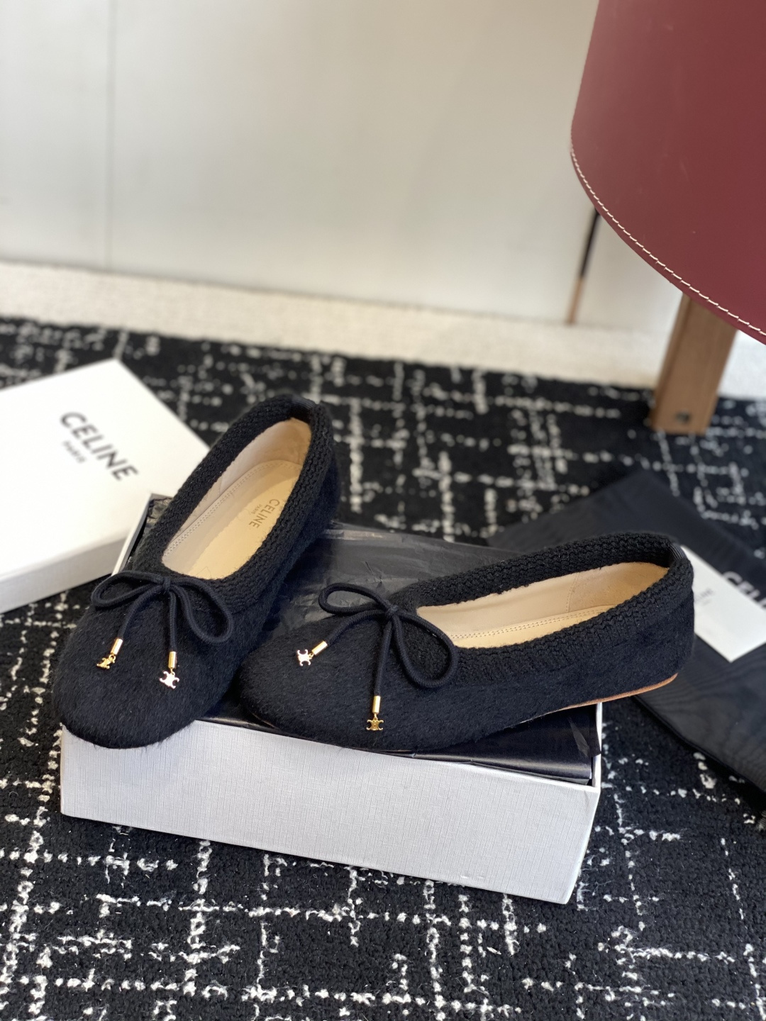 Celine Triomphe Ballerina Flats in Black Wool - Luxury Shoes