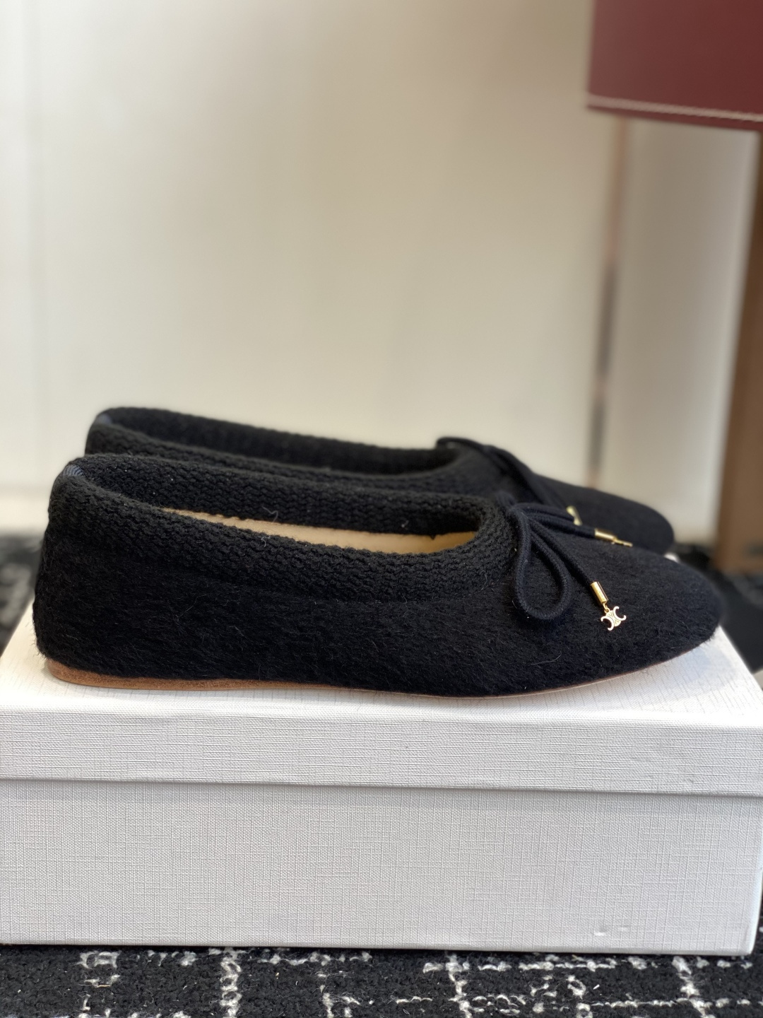 Celine Triomphe Ballerina Flats in Black Wool - Luxury Shoes