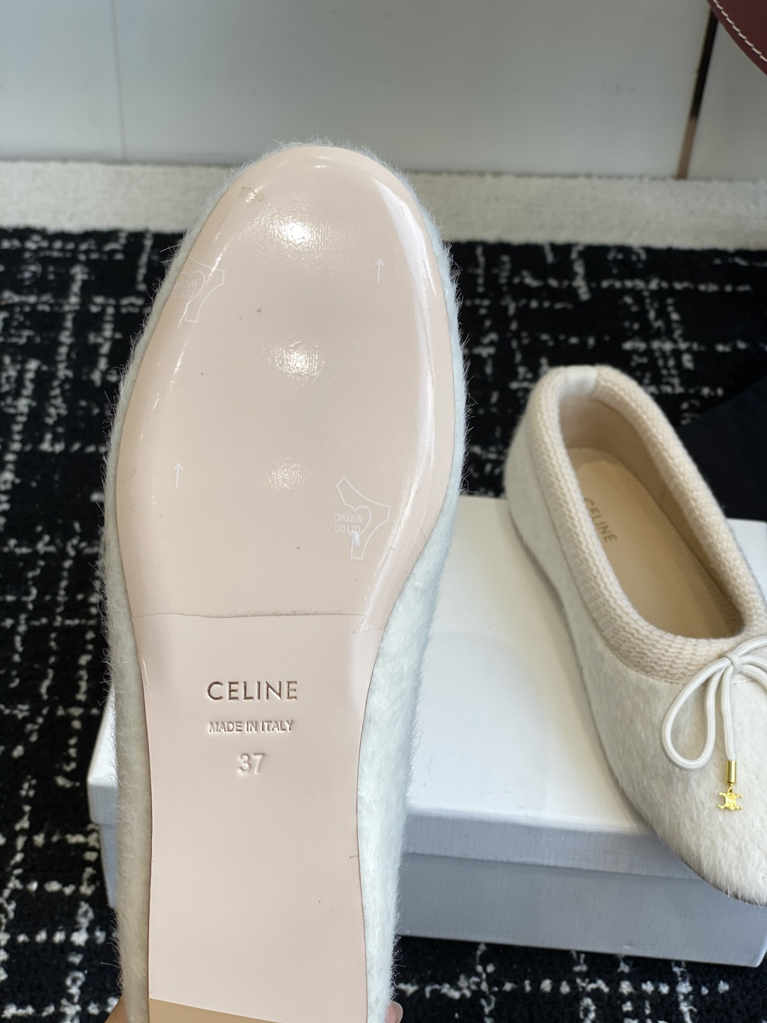 Celine Cream Fuzzy Wool Ballet Flats with Gold Triomphe Bow