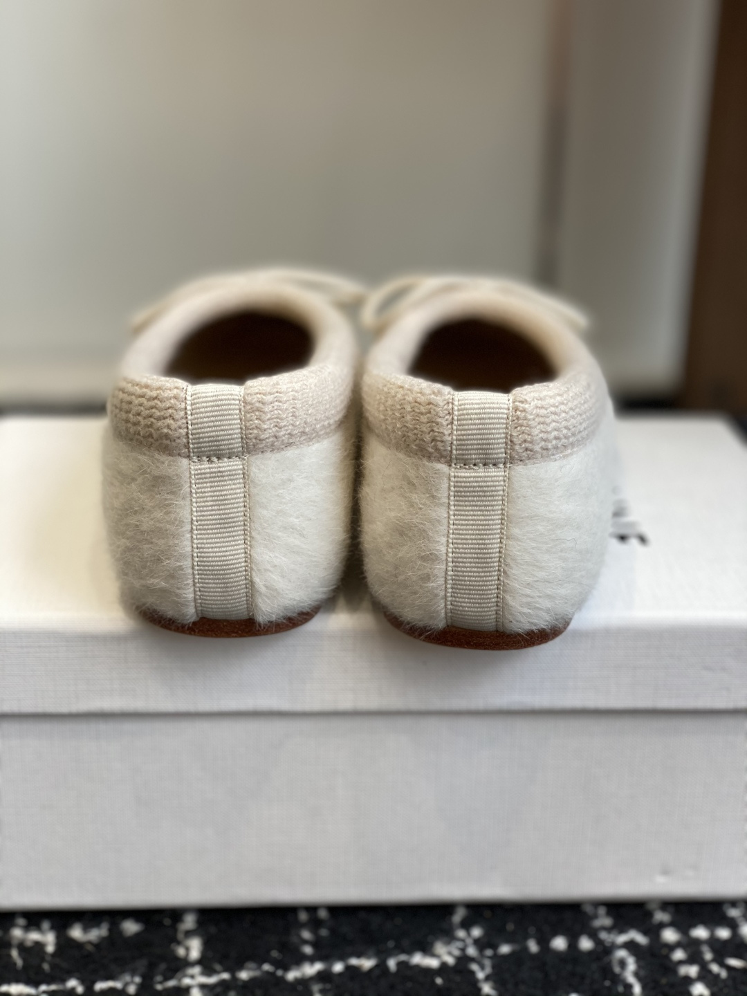 Celine Cream Fuzzy Wool Ballet Flats with Gold Triomphe Bow