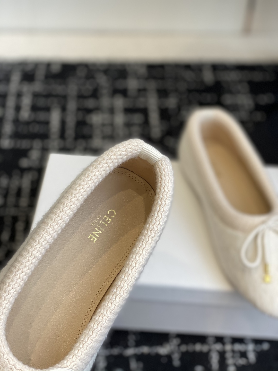 Celine Cream Fuzzy Wool Ballet Flats with Gold Triomphe Bow