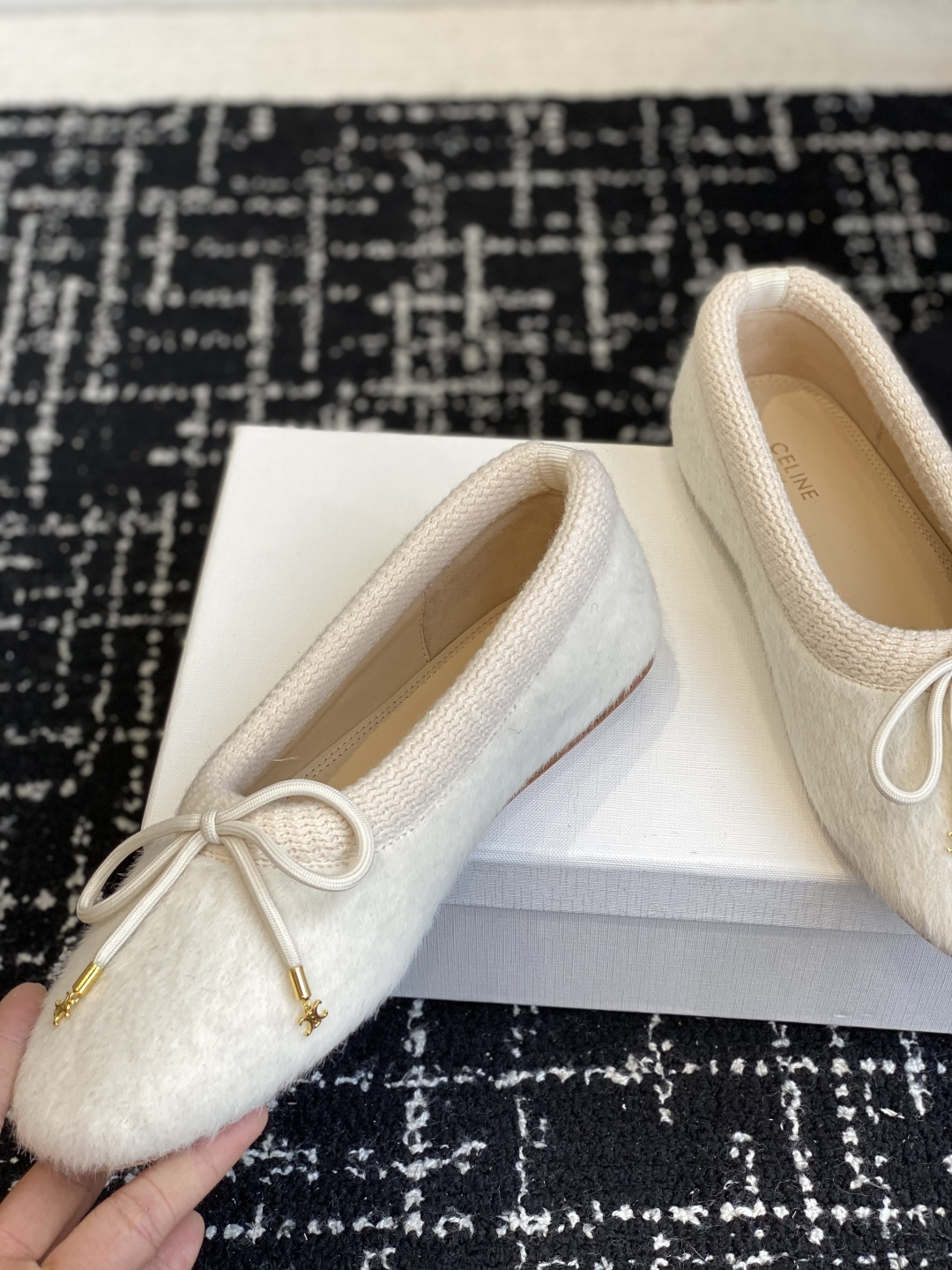 Celine Cream Fuzzy Wool Ballet Flats with Gold Triomphe Bow