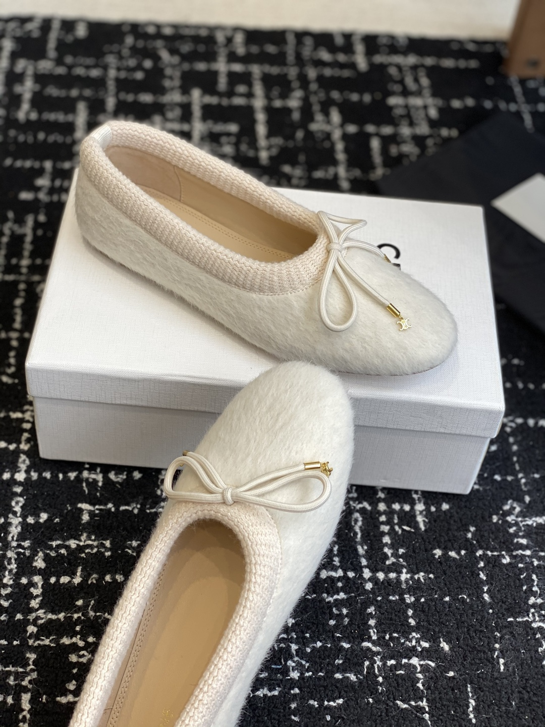 Celine Cream Fuzzy Wool Ballet Flats with Gold Triomphe Bow