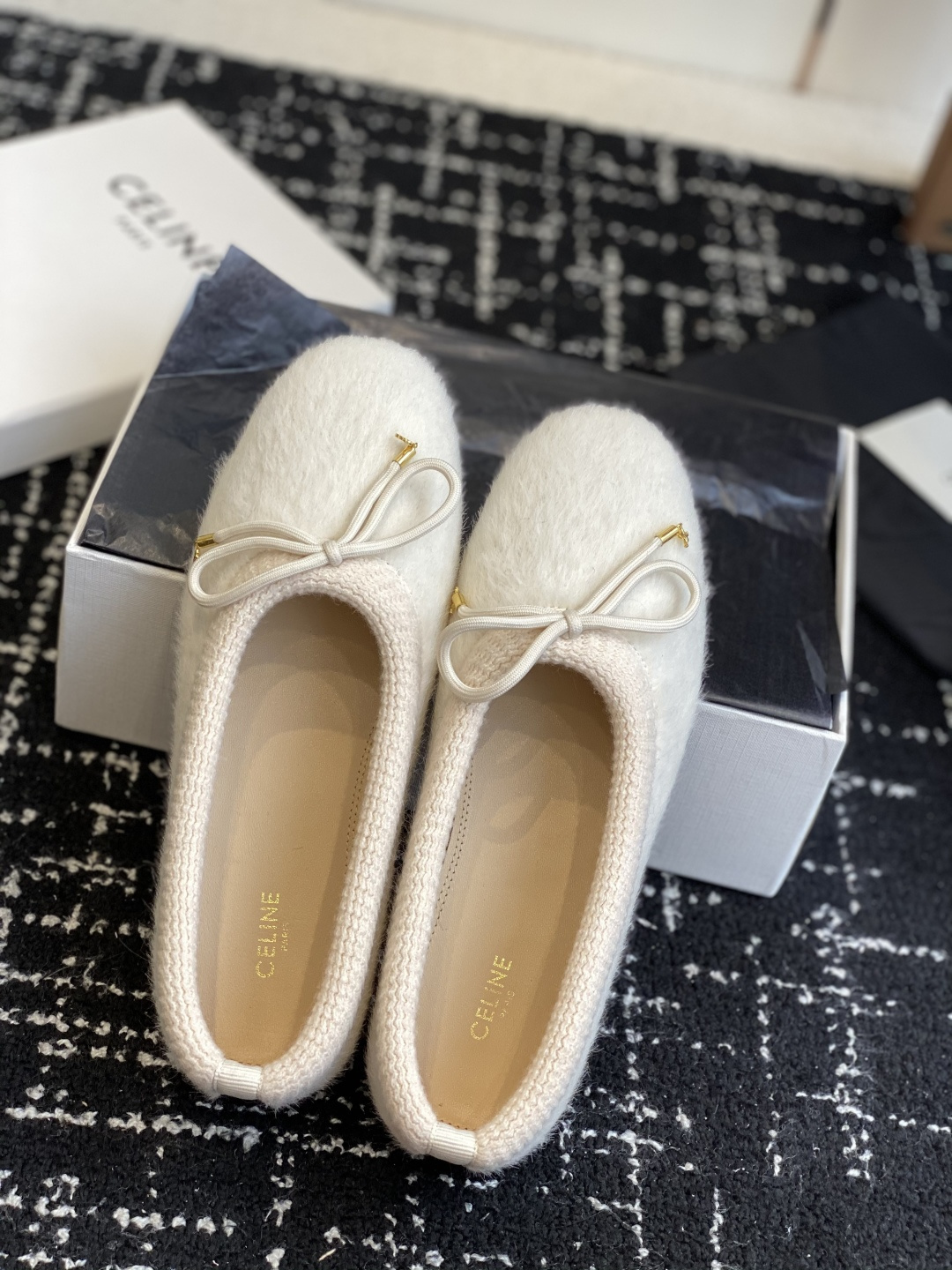 Celine Cream Fuzzy Wool Ballet Flats with Gold Triomphe Bow