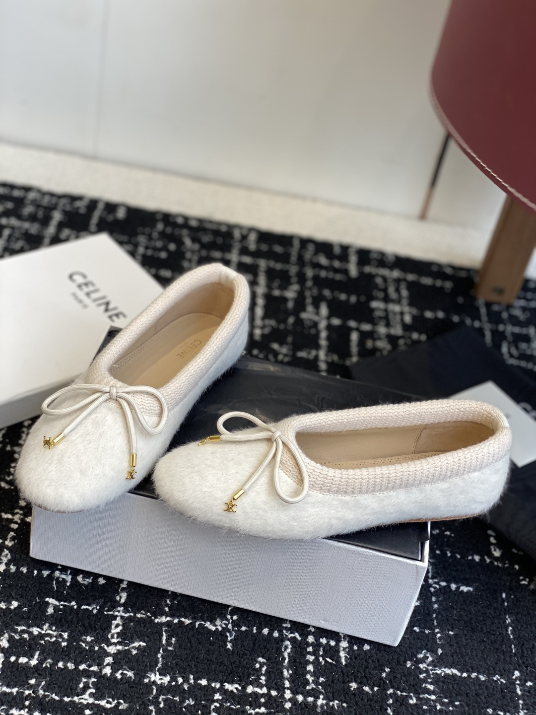 Celine Cream Fuzzy Wool Ballet Flats with Gold Triomphe Bow