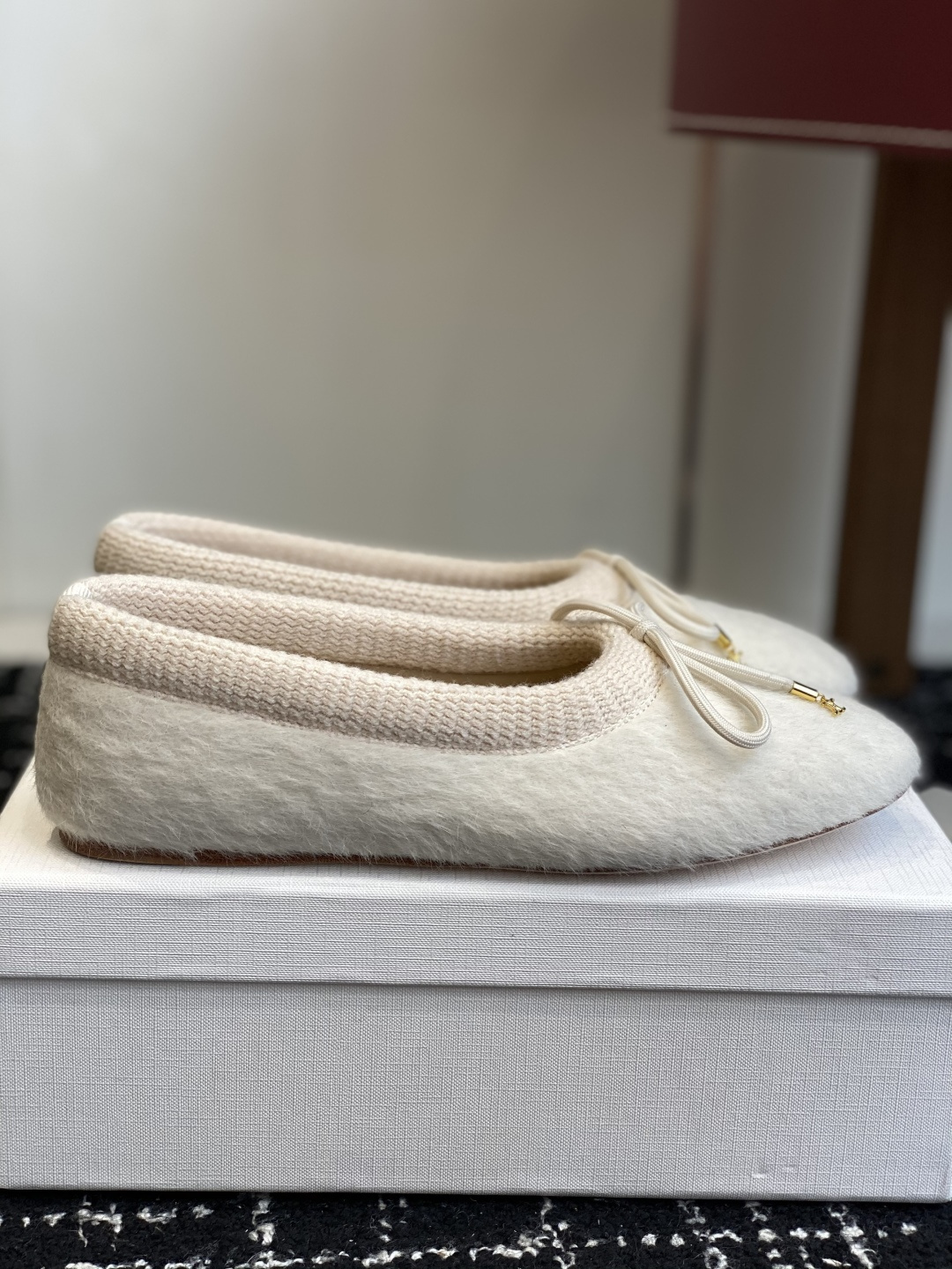 Celine Cream Fuzzy Wool Ballet Flats with Gold Triomphe Bow