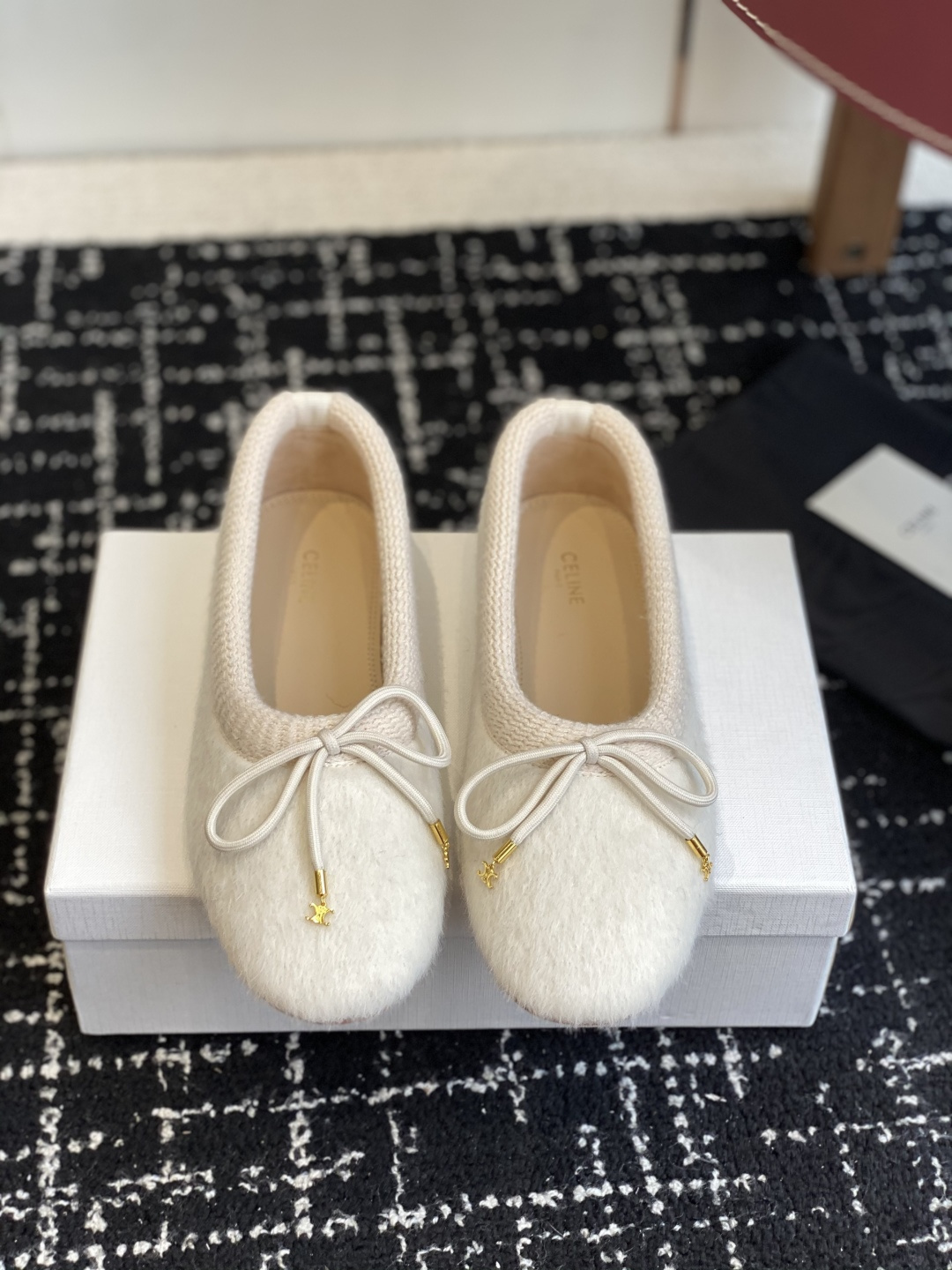 Celine Cream Fuzzy Wool Ballet Flats with Gold Triomphe Bow