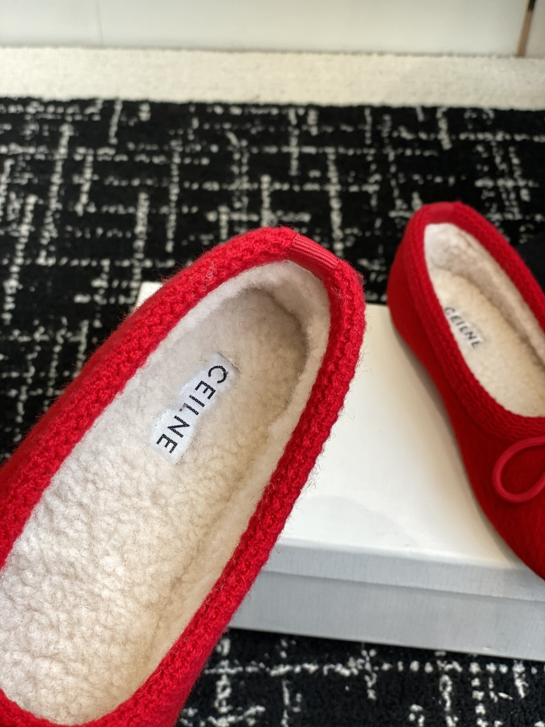 Luxury Red Fuzzy Ballet Flats with Warm Shearling Lining & Bow