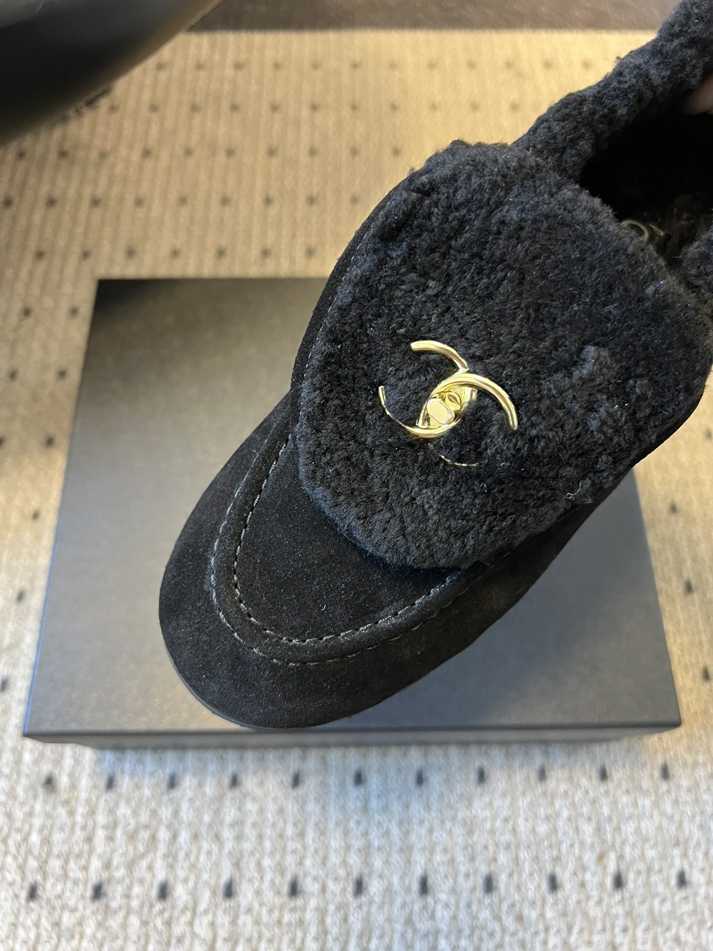 Chanel Black Shearling Suede Loafers - Gold CC Logo Luxury Shoes