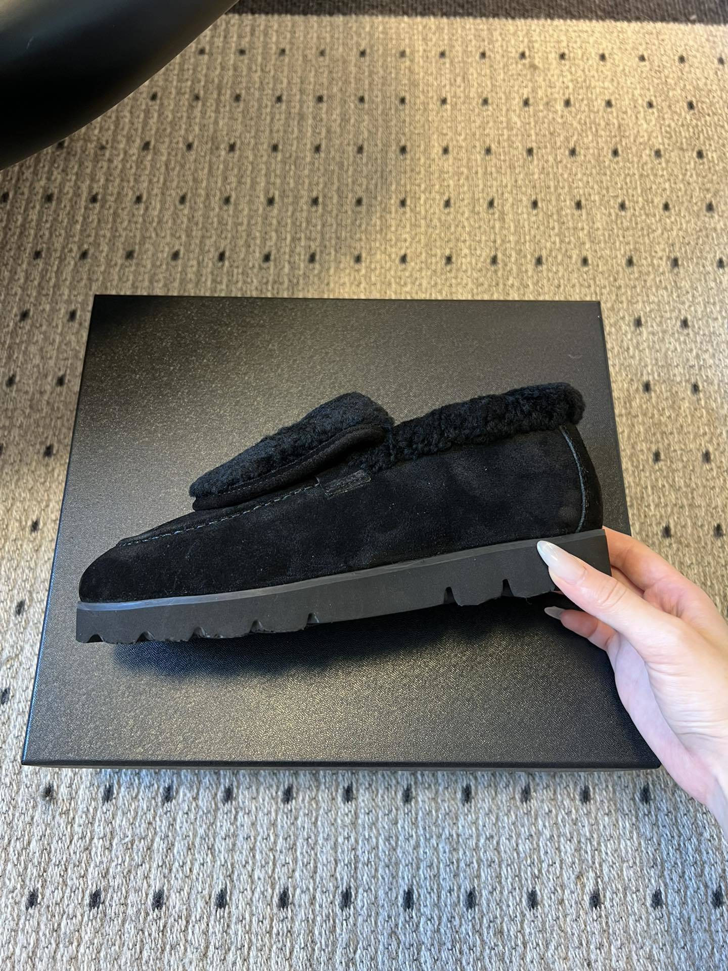 Chanel Black Shearling Suede Loafers - Gold CC Logo Luxury Shoes