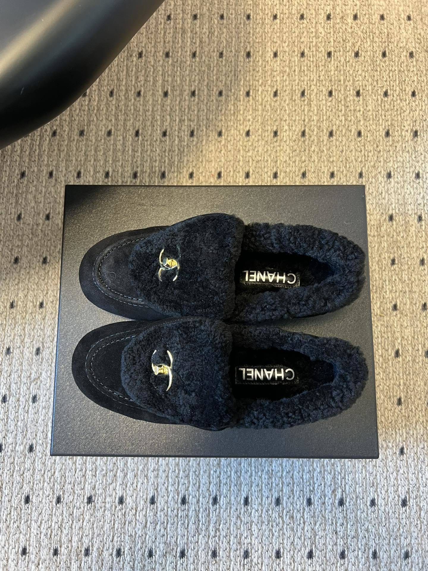 Chanel Black Shearling Suede Loafers - Gold CC Logo Luxury Shoes