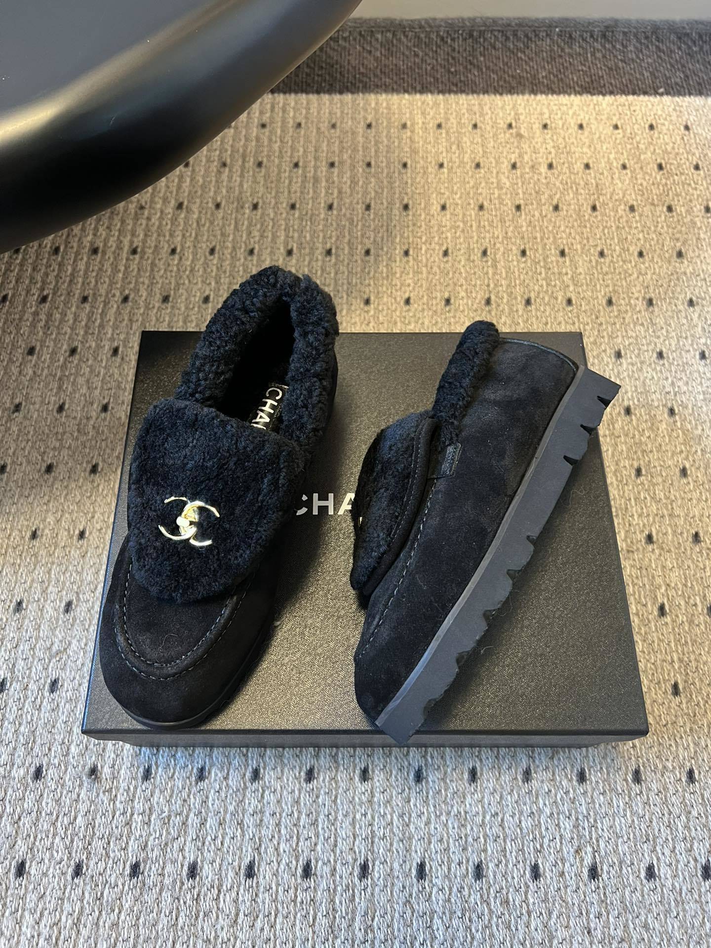 Chanel Black Shearling Suede Loafers - Gold CC Logo Luxury Shoes