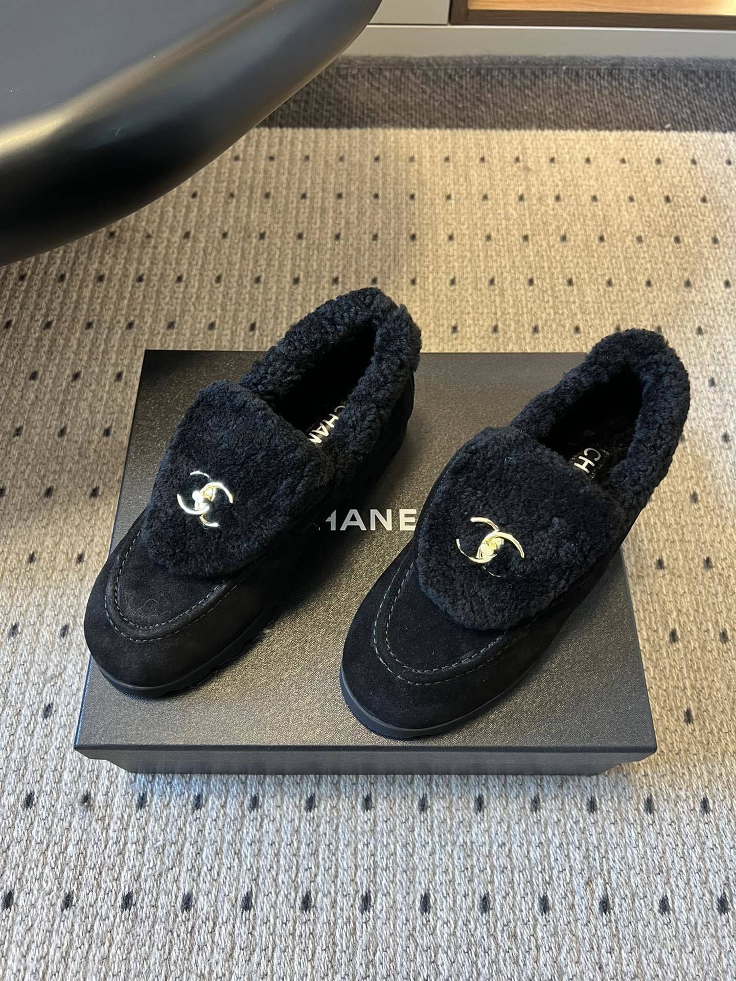 Chanel Black Shearling Suede Loafers - Gold CC Logo Luxury Shoes