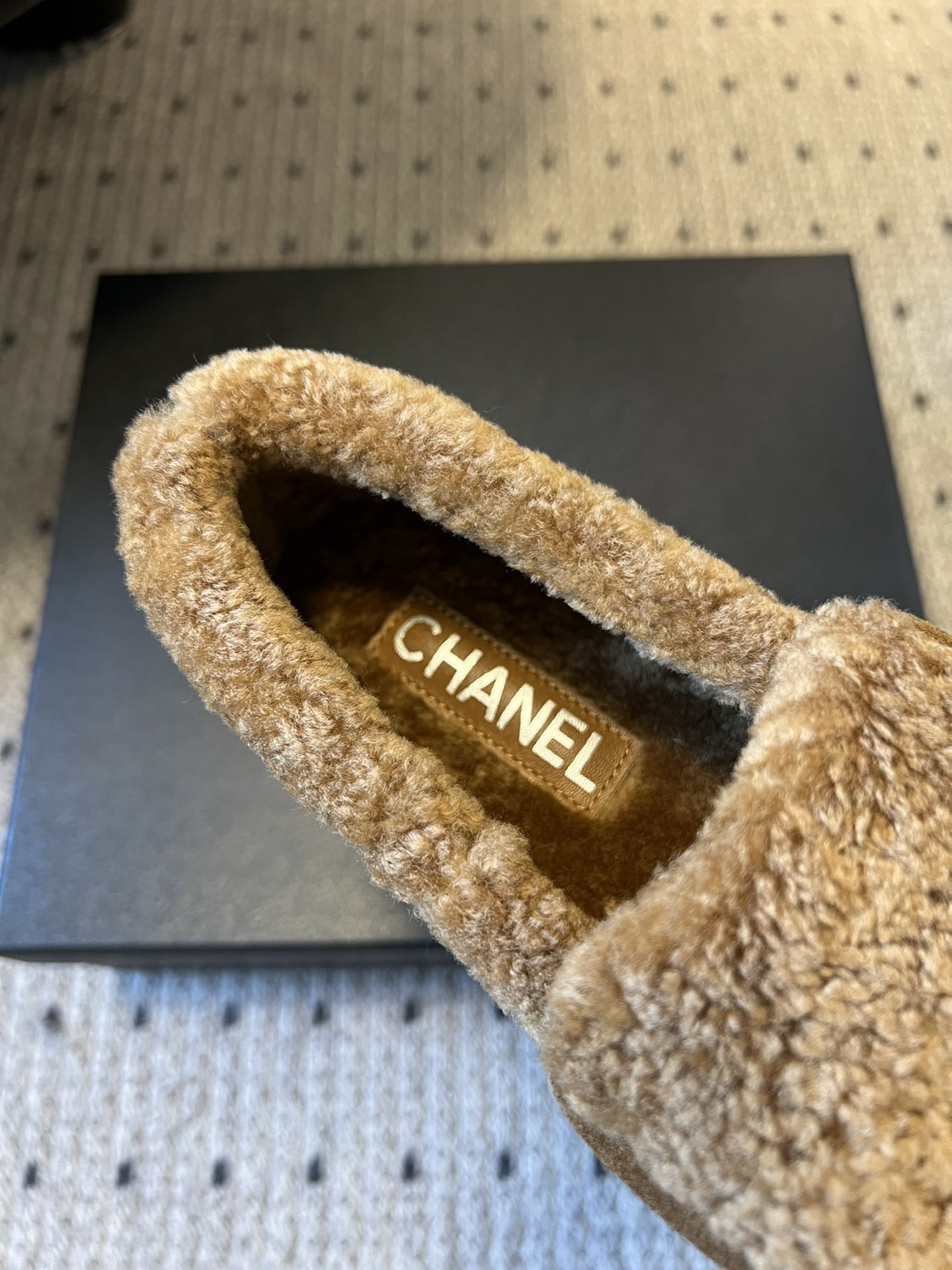 Chanel Tan Suede & Shearling Loafers with Gold CC Logo