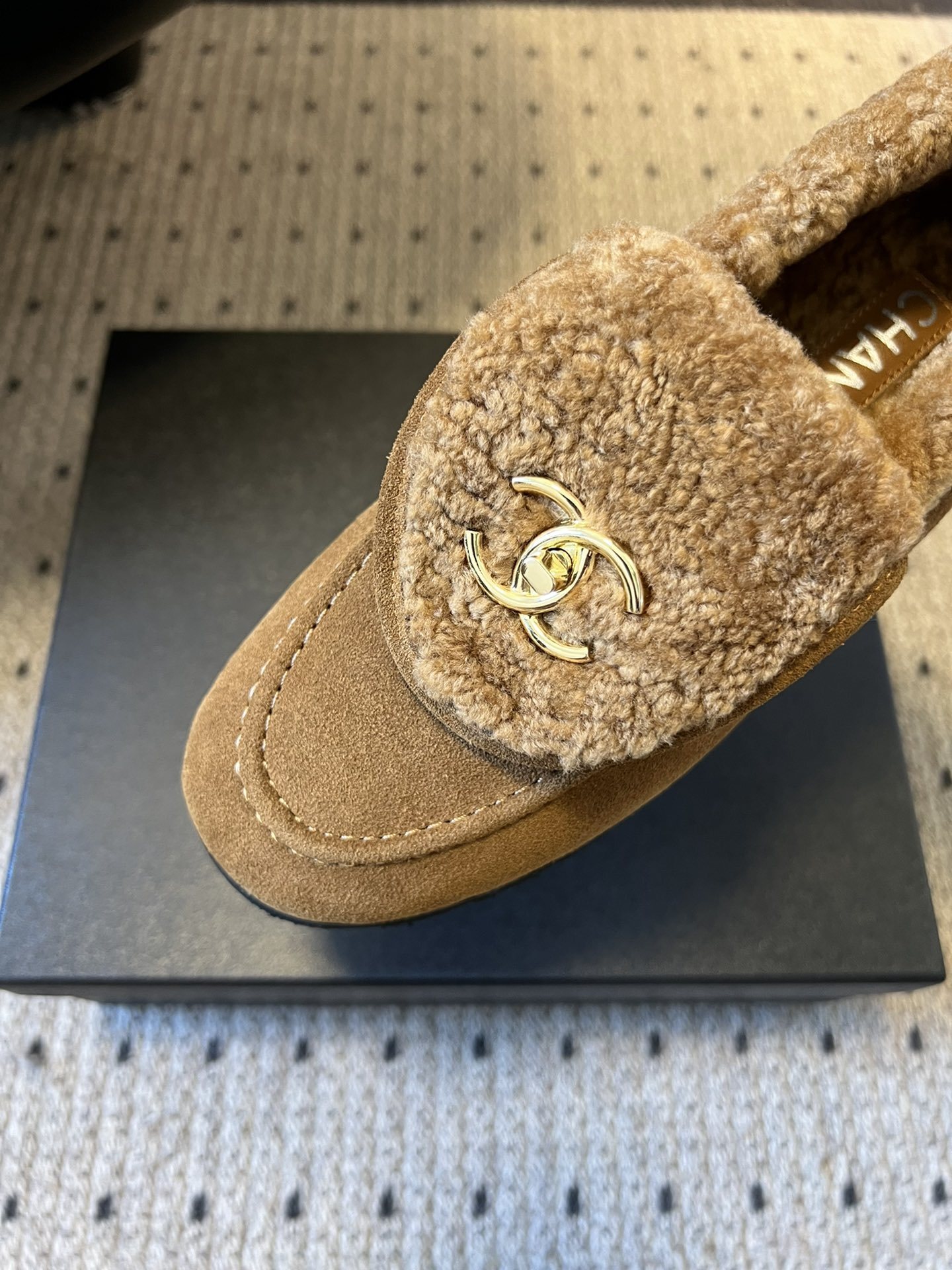 Chanel Tan Suede & Shearling Loafers with Gold CC Logo