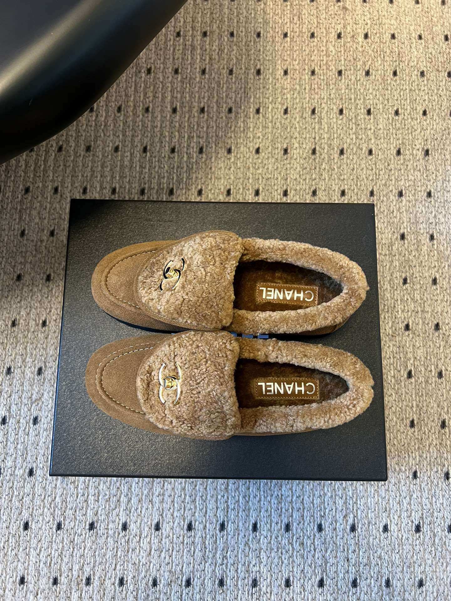Chanel Tan Suede & Shearling Loafers with Gold CC Logo