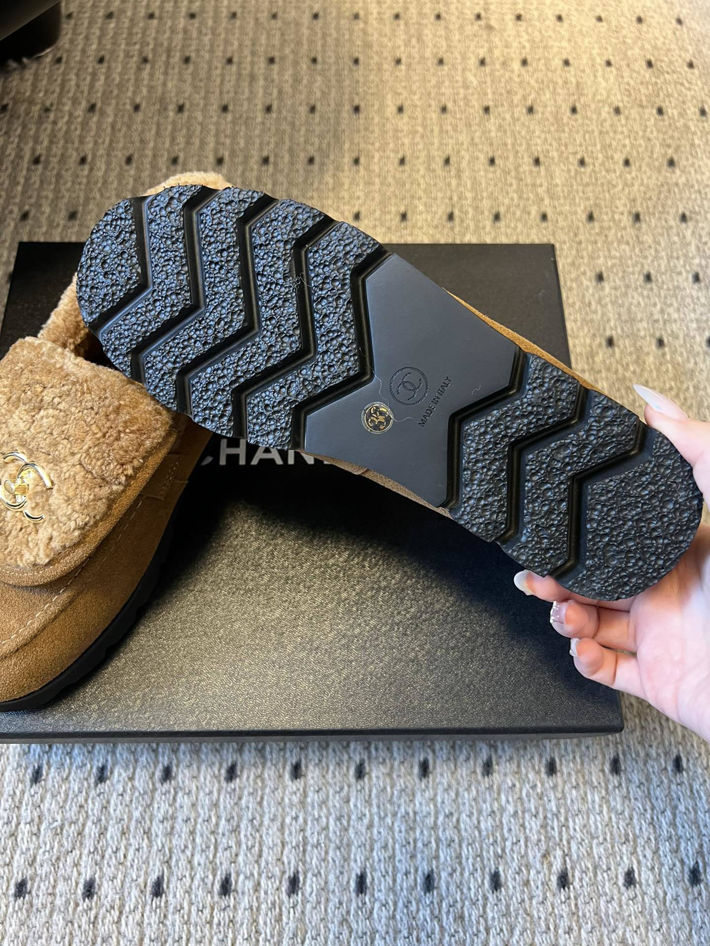 Chanel Tan Suede & Shearling Loafers with Gold CC Logo