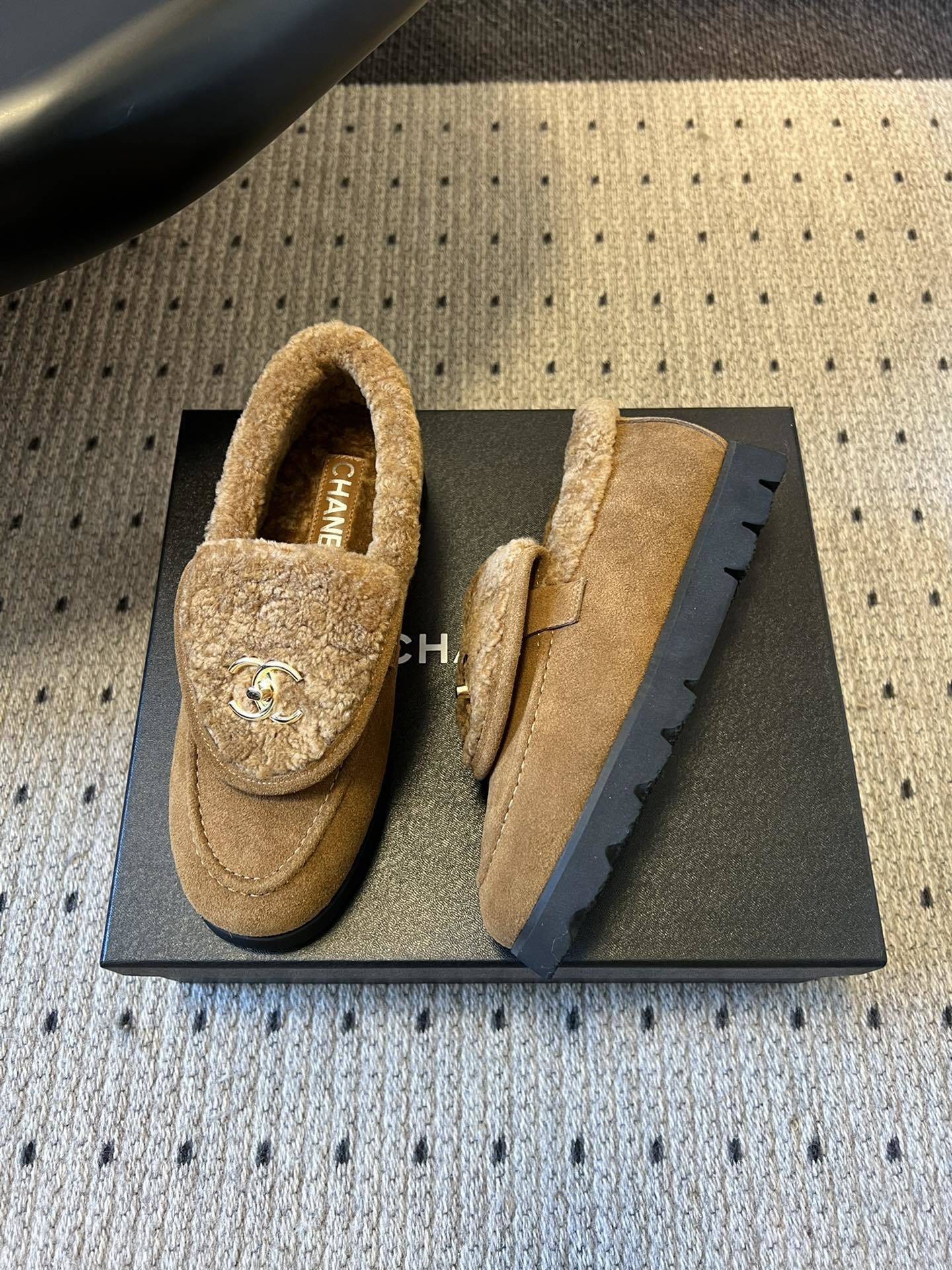 Chanel Tan Suede & Shearling Loafers with Gold CC Logo