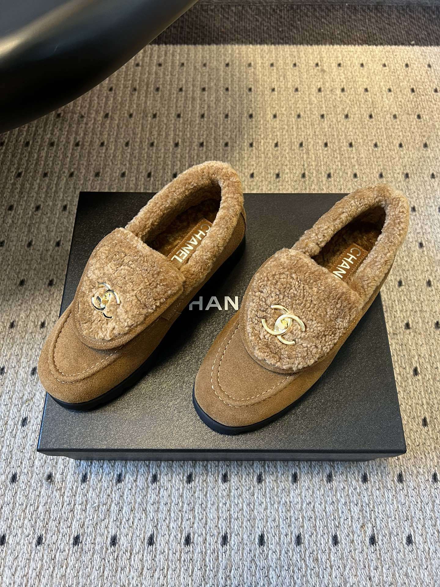 Chanel Tan Suede & Shearling Loafers with Gold CC Logo