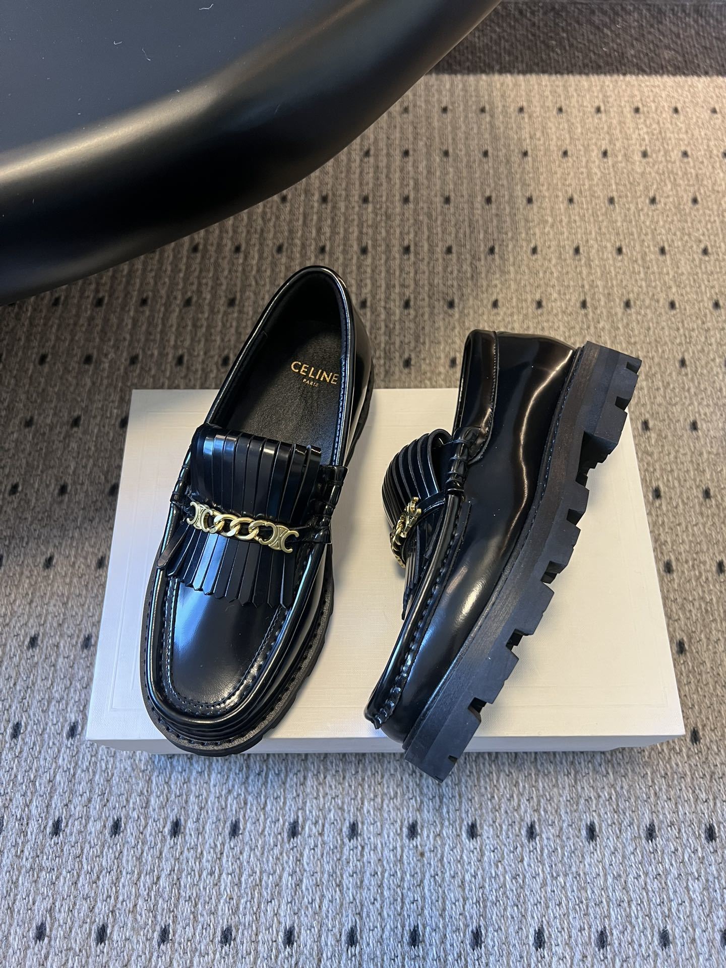 Celine Margaret Loafers with Triomphe Chain & Fringe - Black