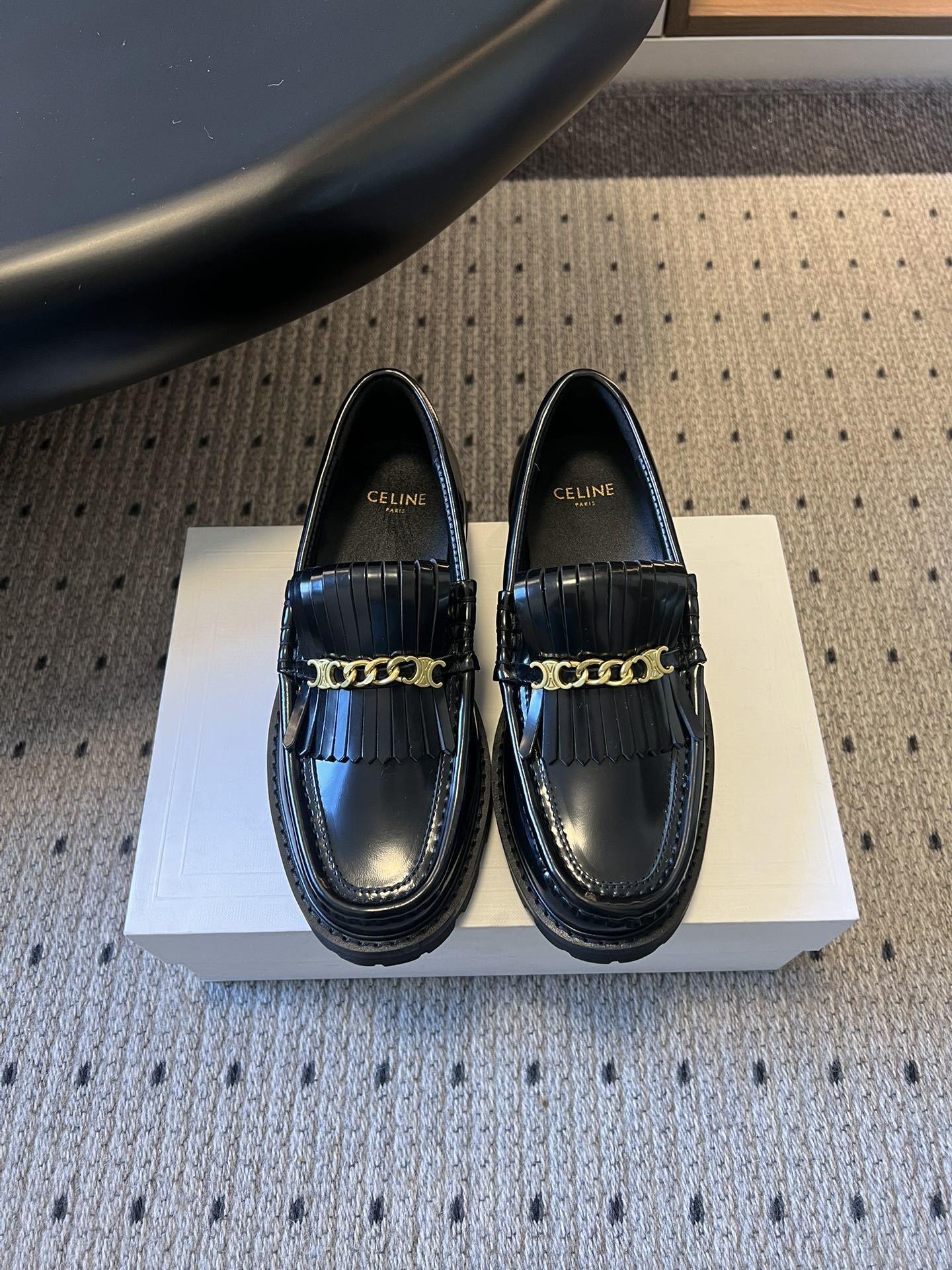 Celine Margaret Loafers with Triomphe Chain & Fringe – Black