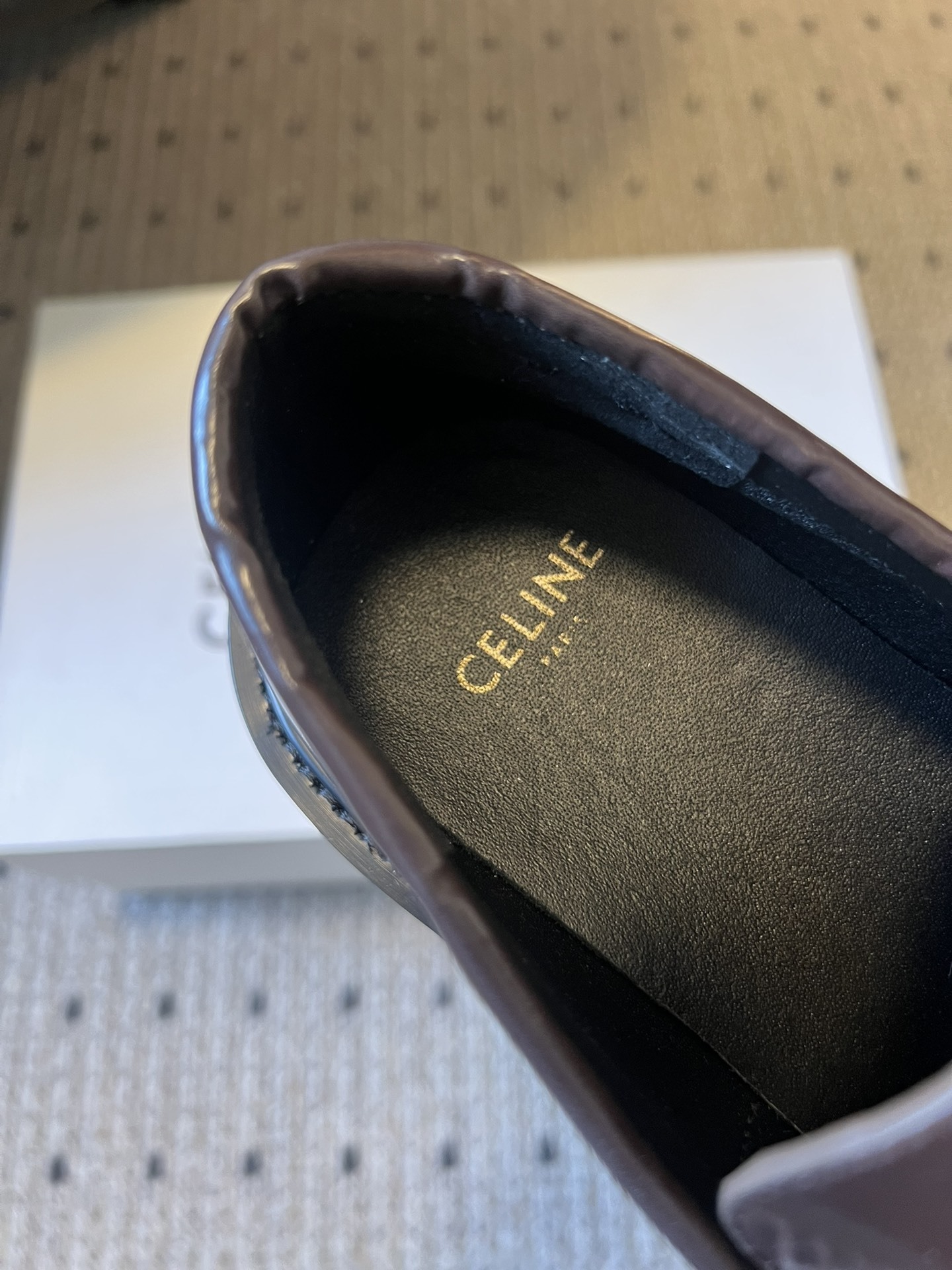 Celine Margaret Loafers in Burgundy Calfskin with Gold Triomphe