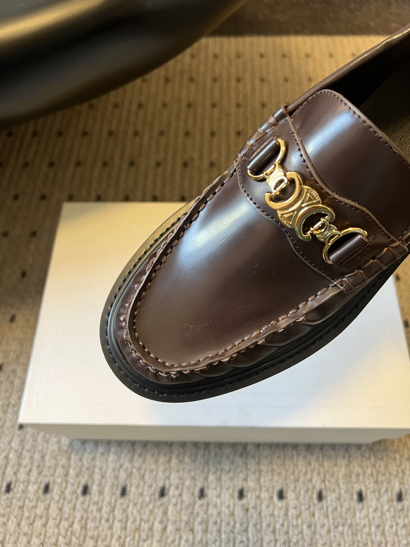 Celine Margaret Loafers in Burgundy Calfskin with Gold Triomphe