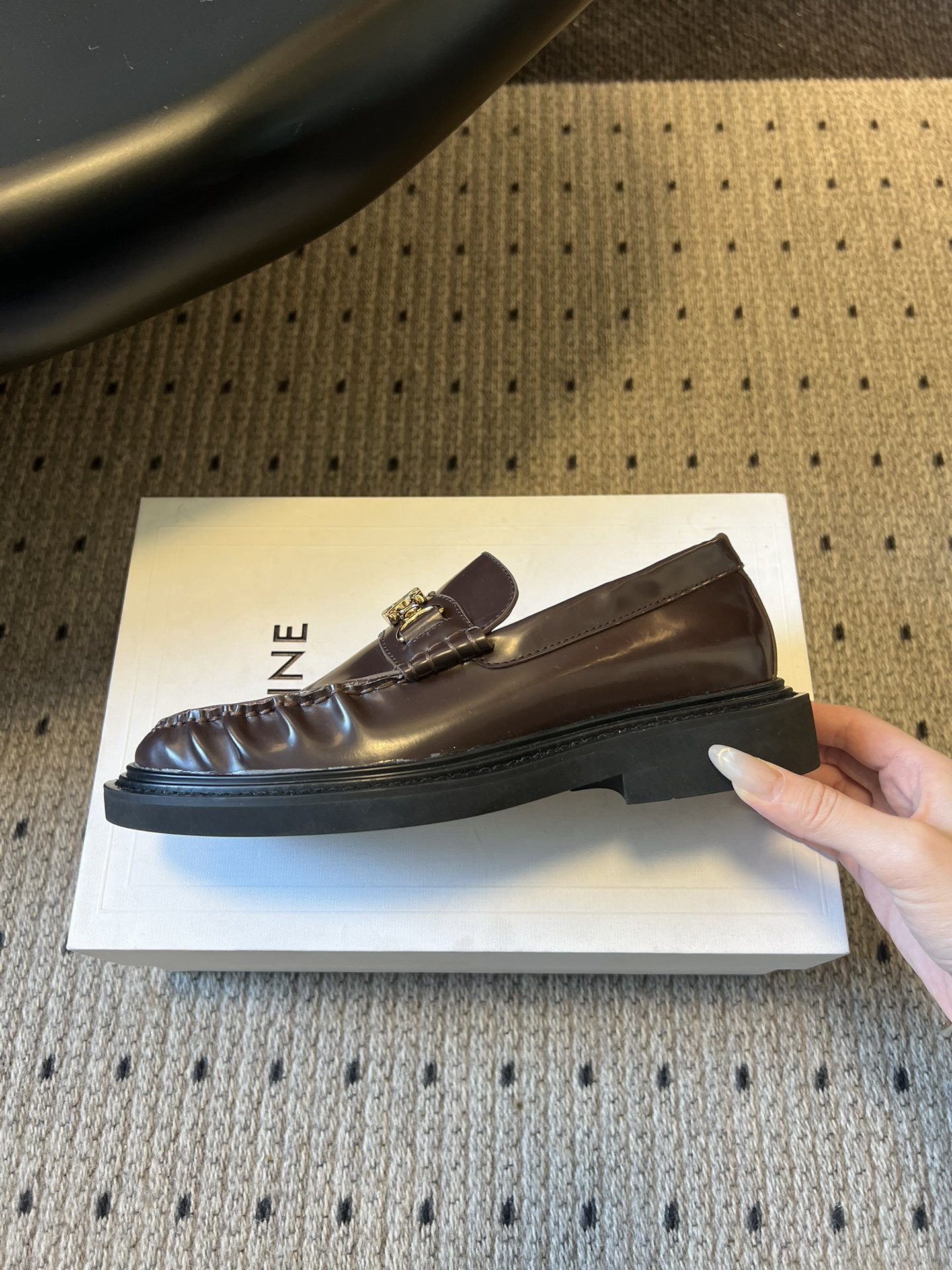 Celine Margaret Loafers in Burgundy Calfskin with Gold Triomphe