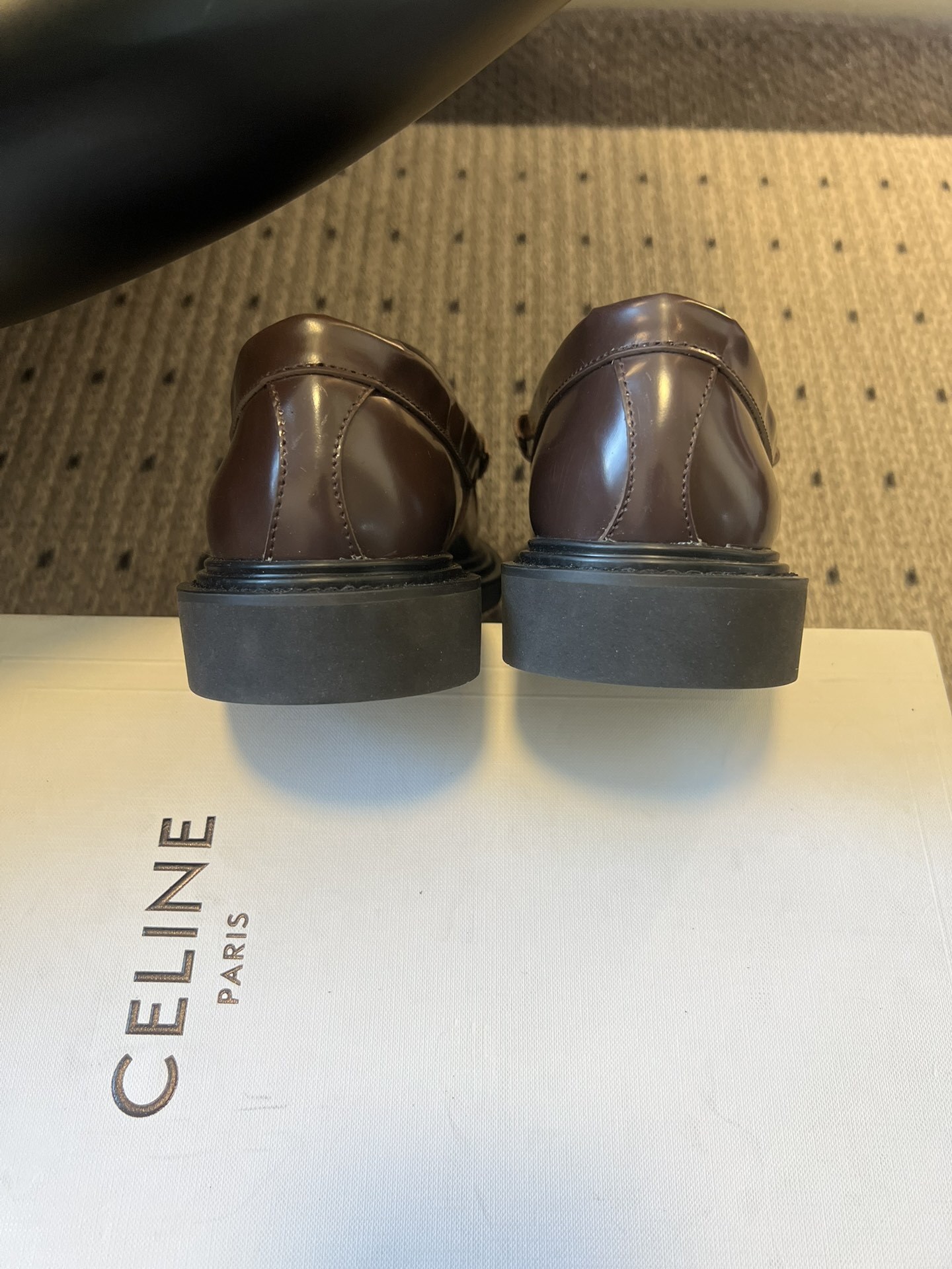 Celine Margaret Loafers in Burgundy Calfskin with Gold Triomphe