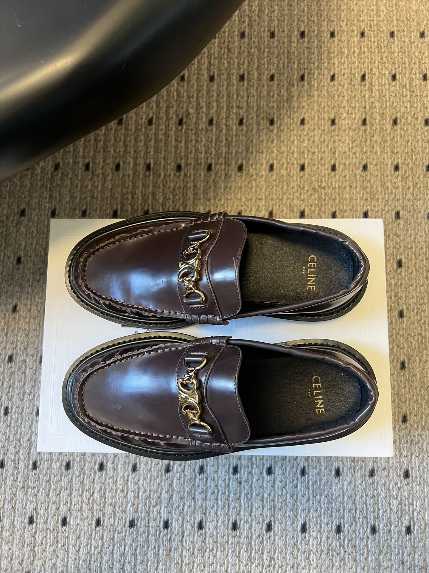 Celine Margaret Loafers in Burgundy Calfskin with Gold Triomphe