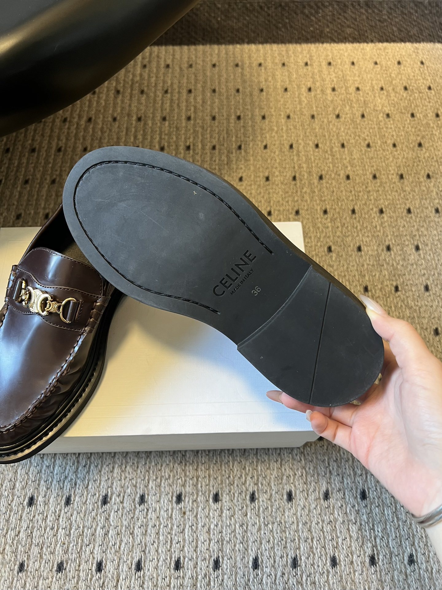 Celine Margaret Loafers in Burgundy Calfskin with Gold Triomphe