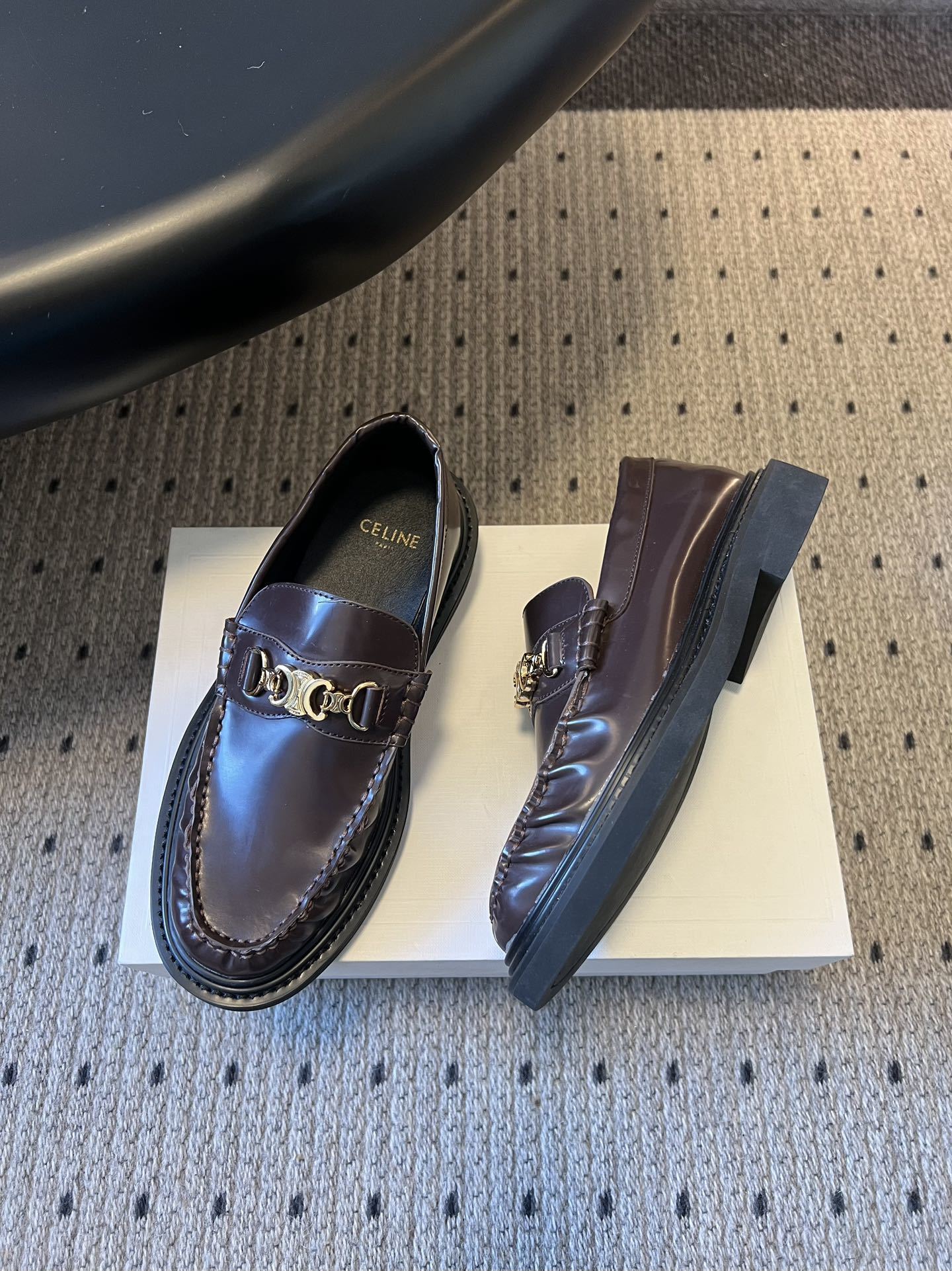 Celine Margaret Loafers in Burgundy Calfskin with Gold Triomphe