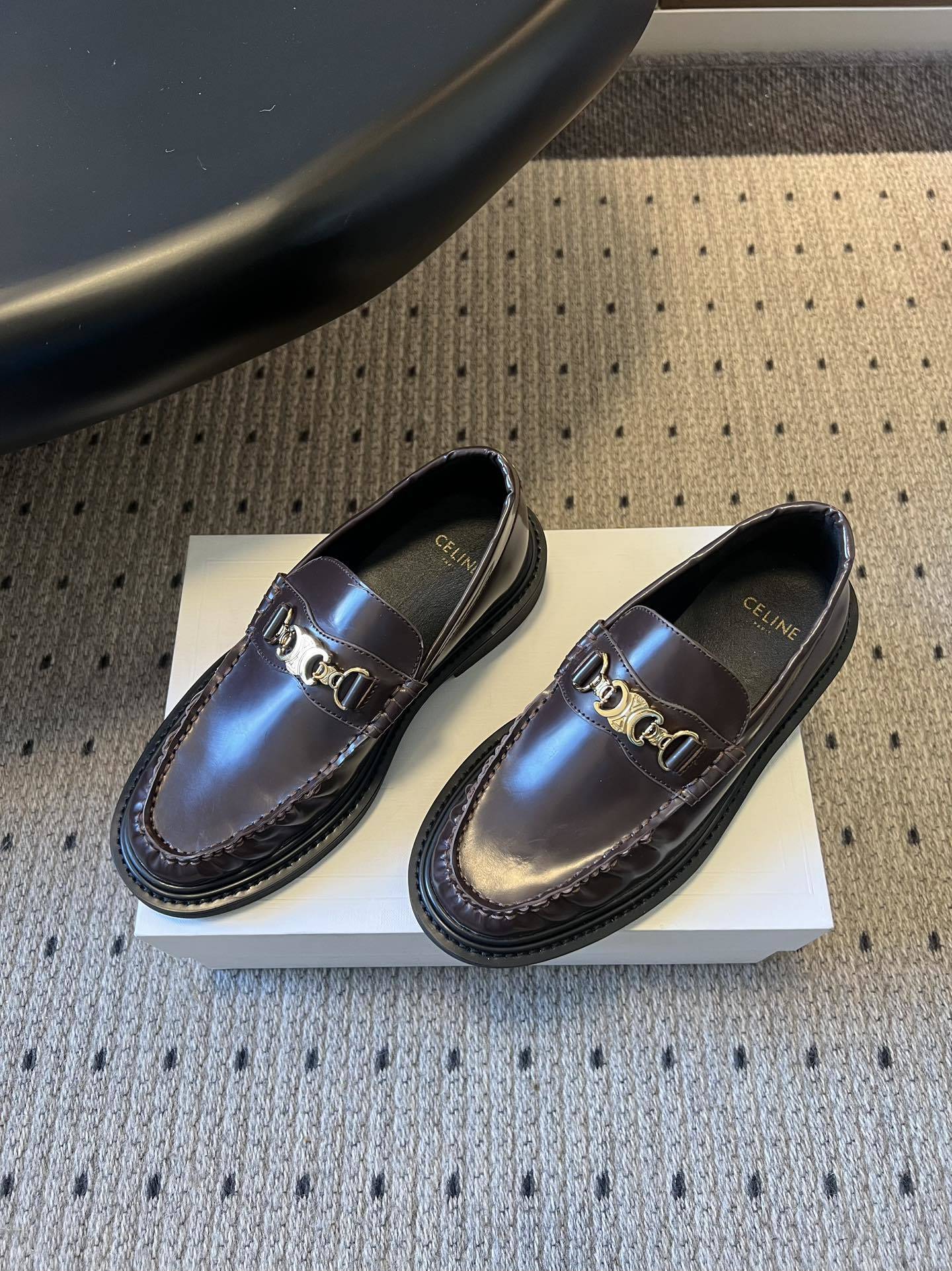 Celine Margaret Loafers in Burgundy Calfskin with Gold Triomphe