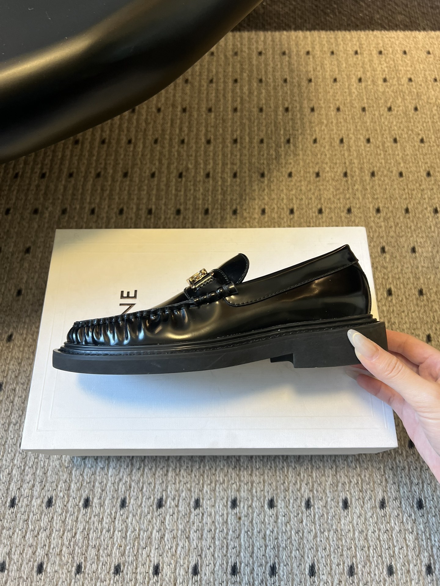 Celine Black Leather Loafers with Gold Triomphe Detail