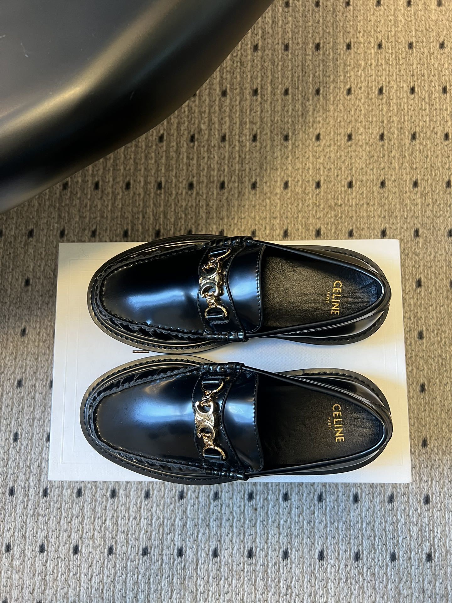 Celine Black Leather Loafers with Gold Triomphe Detail
