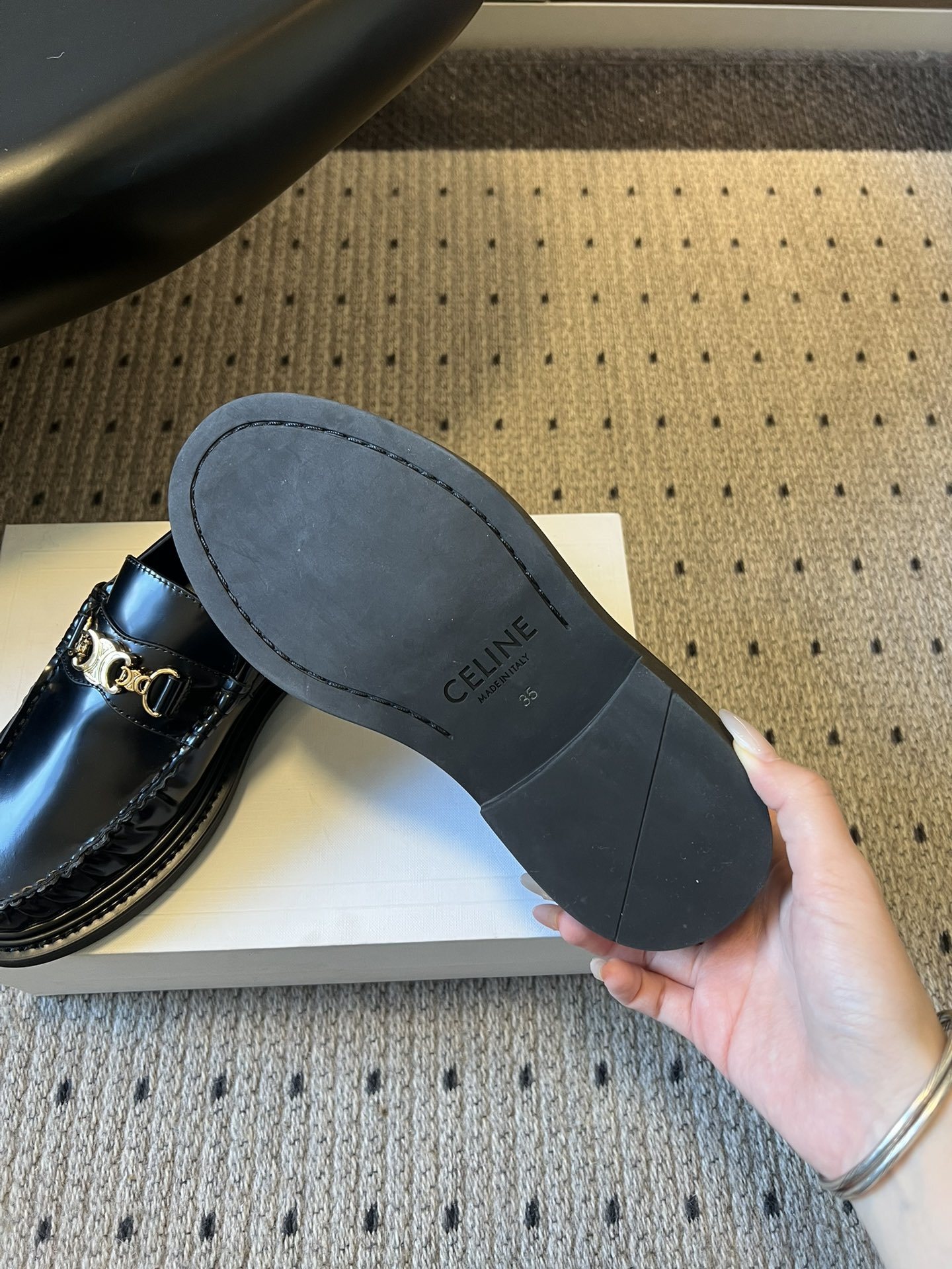Celine Black Leather Loafers with Gold Triomphe Detail