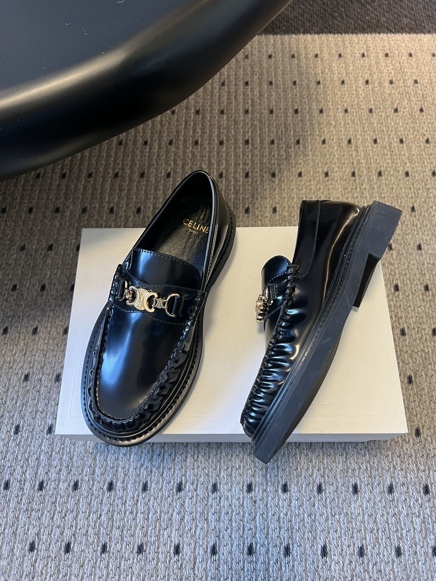 Celine Black Leather Loafers with Gold Triomphe Detail