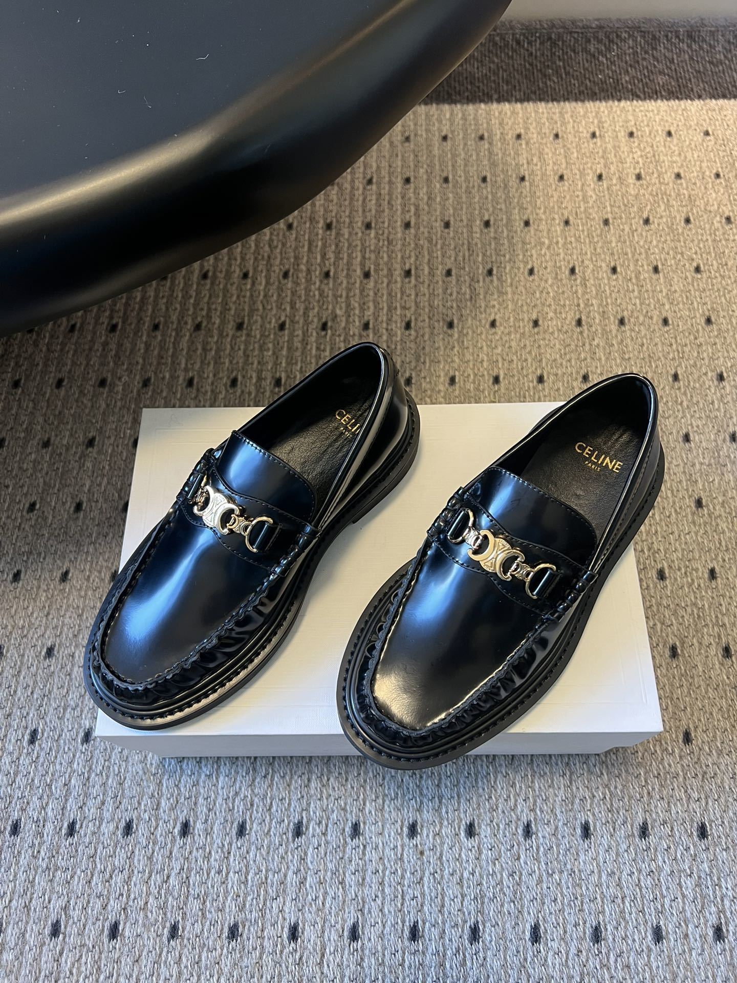 Celine Black Leather Loafers with Gold Triomphe Detail