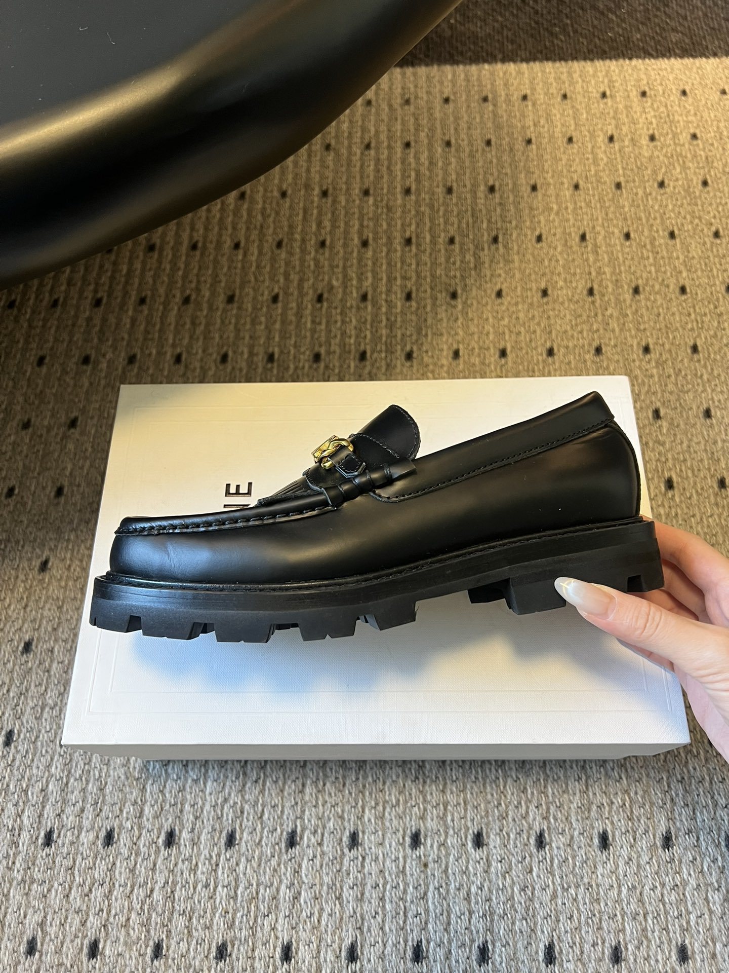 Celine Margaret Loafers in Black Leather with Triomphe Chain