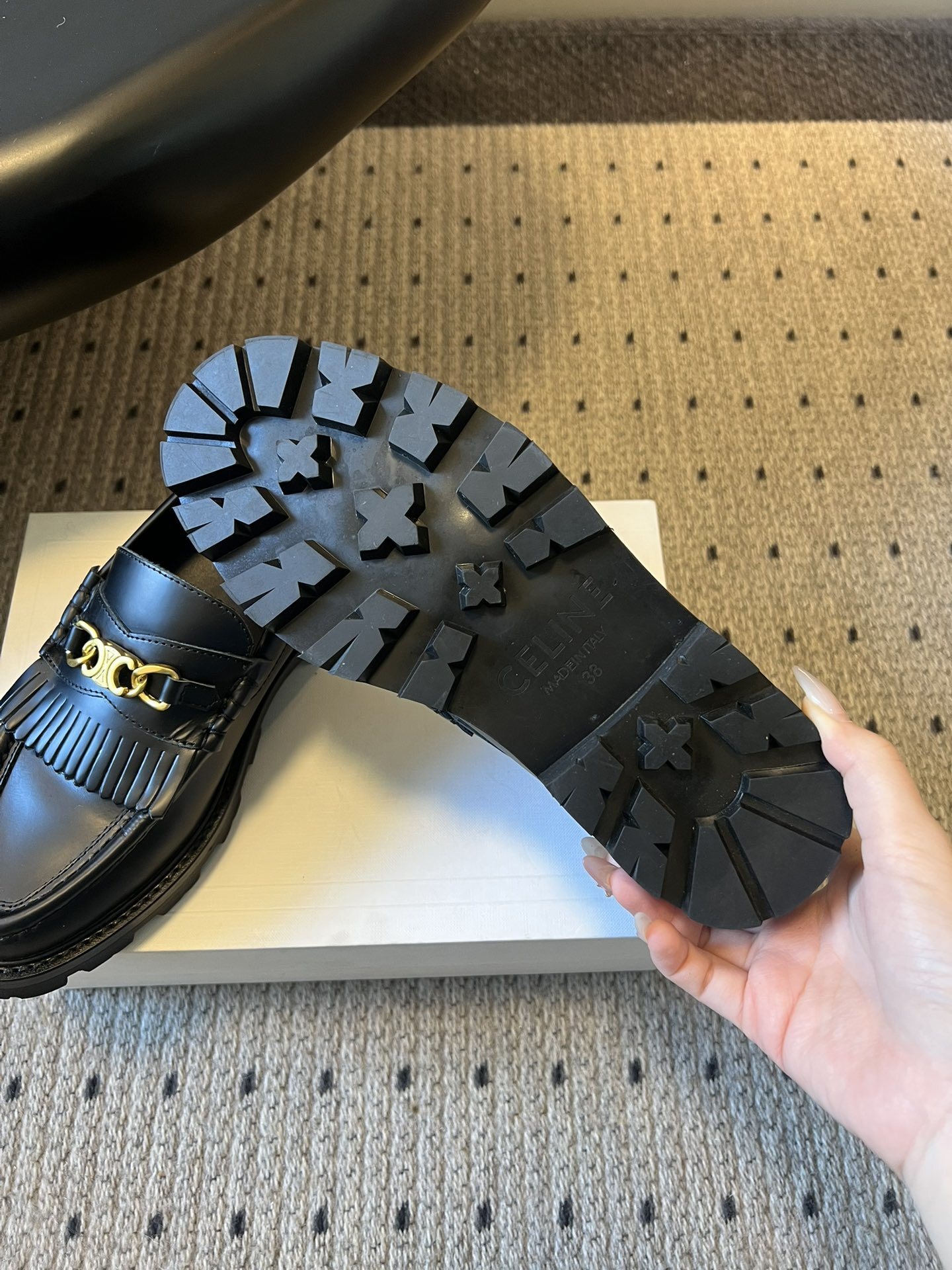 Celine Margaret Loafers in Black Leather with Triomphe Chain