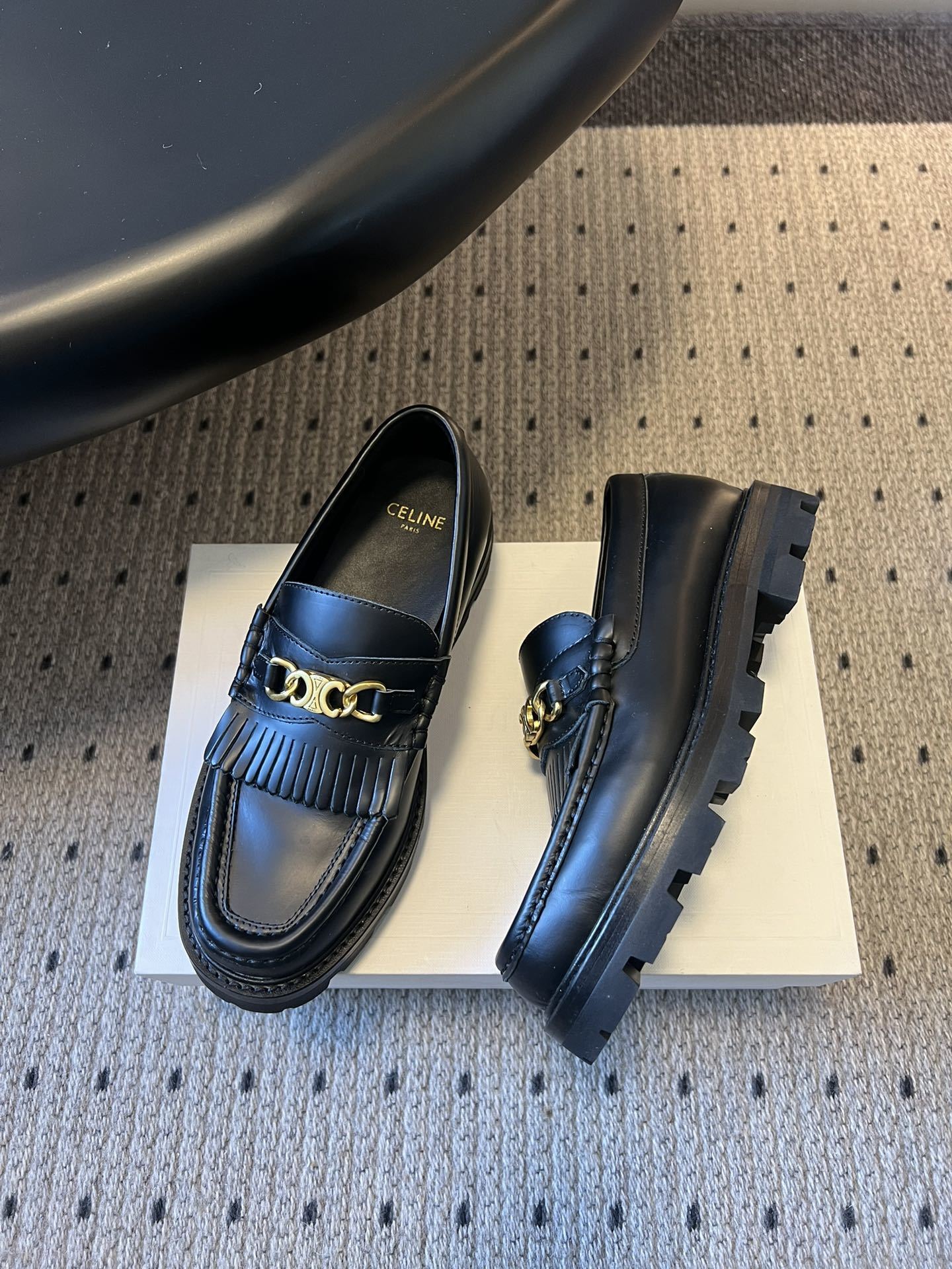 Celine Margaret Loafers in Black Leather with Triomphe Chain