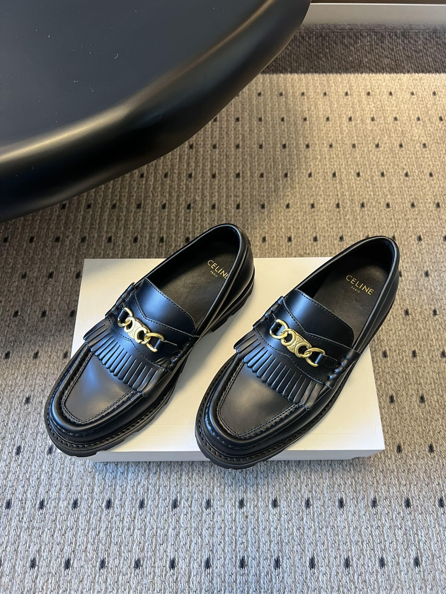 Celine Margaret Loafers in Black Leather with Triomphe Chain